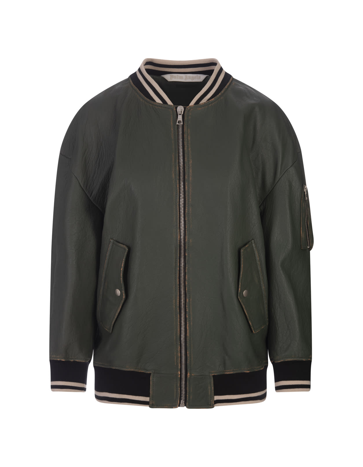 Palm Angels Forest Green Leather Oversized Bomber Jacket With Slogan
