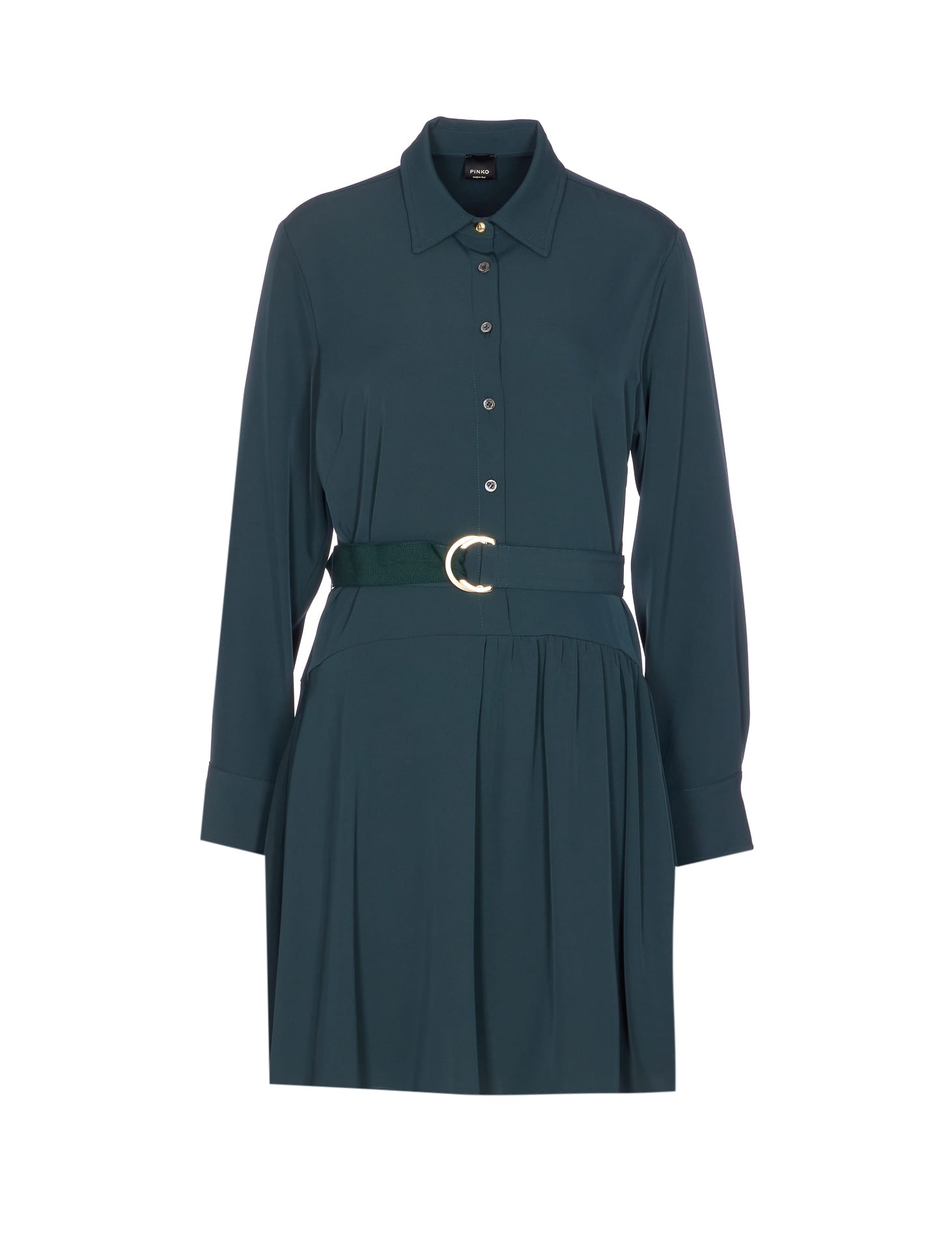 Pinko Waist Belt Long Sleeve Pleated Dress In Green