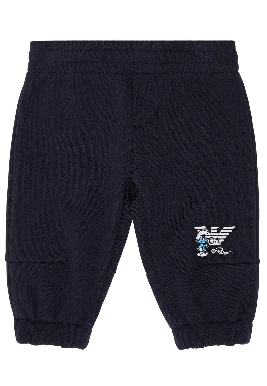 Shop Emporio Armani Smurfs-embroidered Elasticated Waistband Track Pants In Blu Navy
