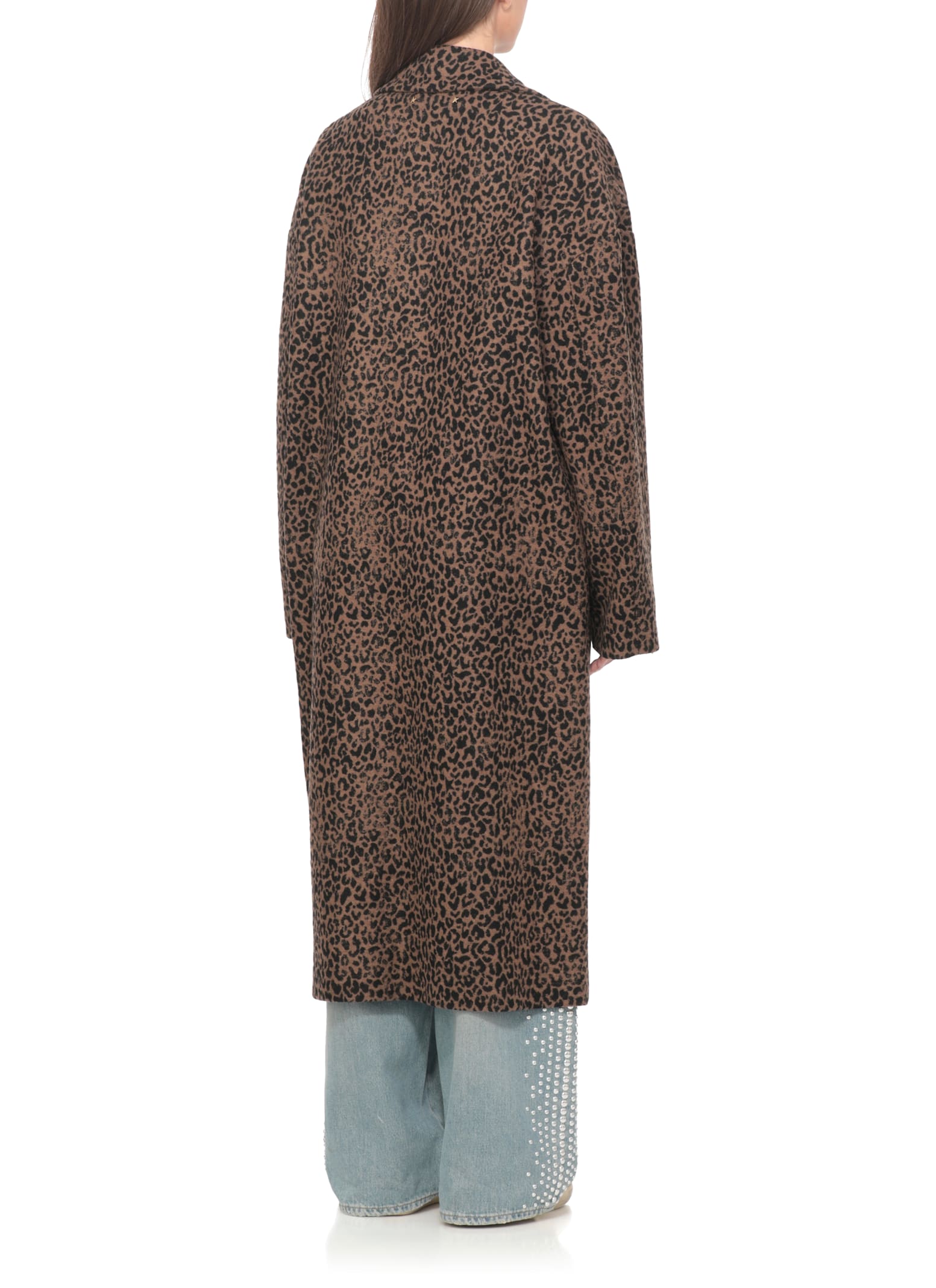 Golden Goose Single-breasted Cocoon Coat With Jacquard Motif In Brown