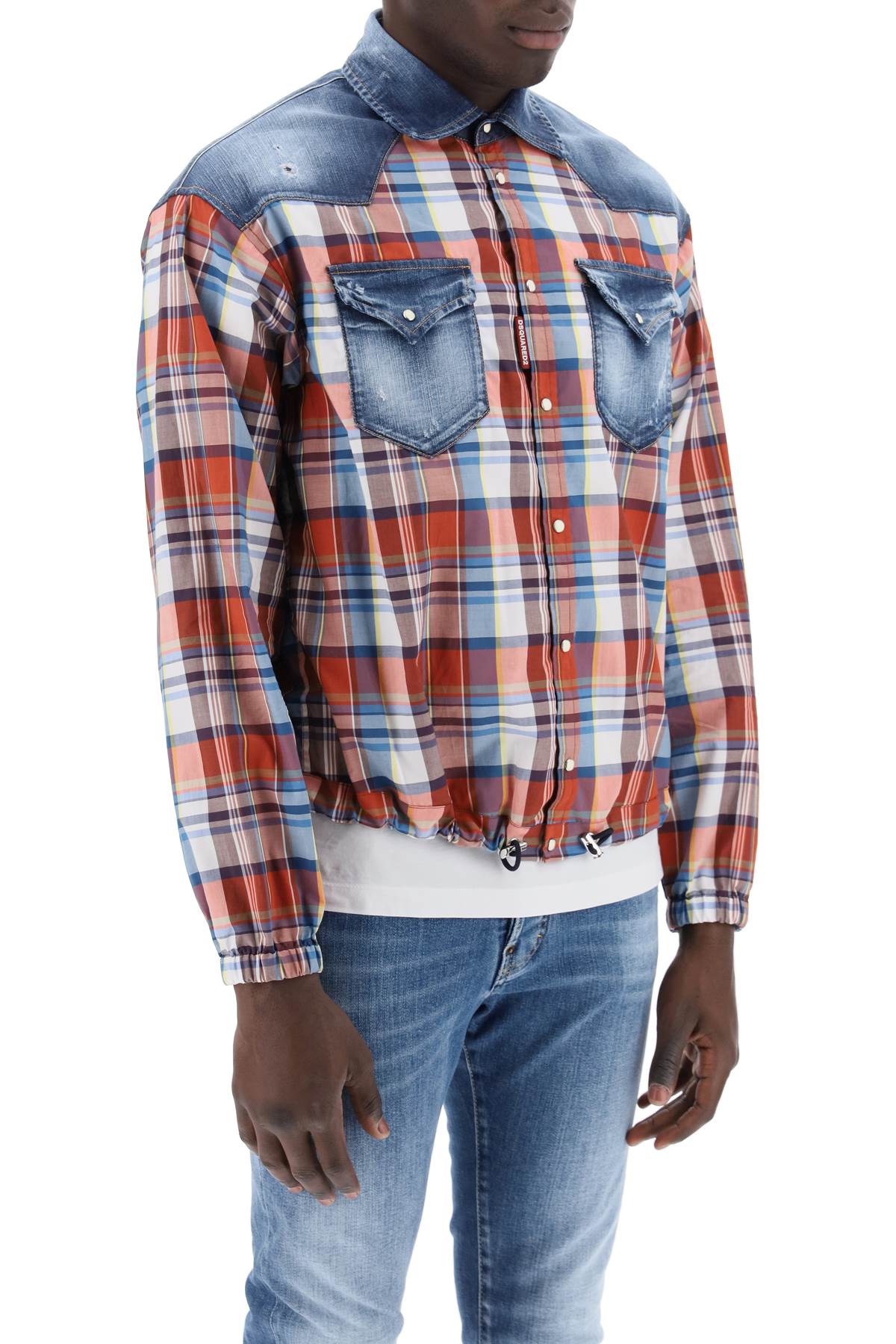 Shop Dsquared2 Plaid Western Shirt With Denim Inserts In Mix Colours (red)