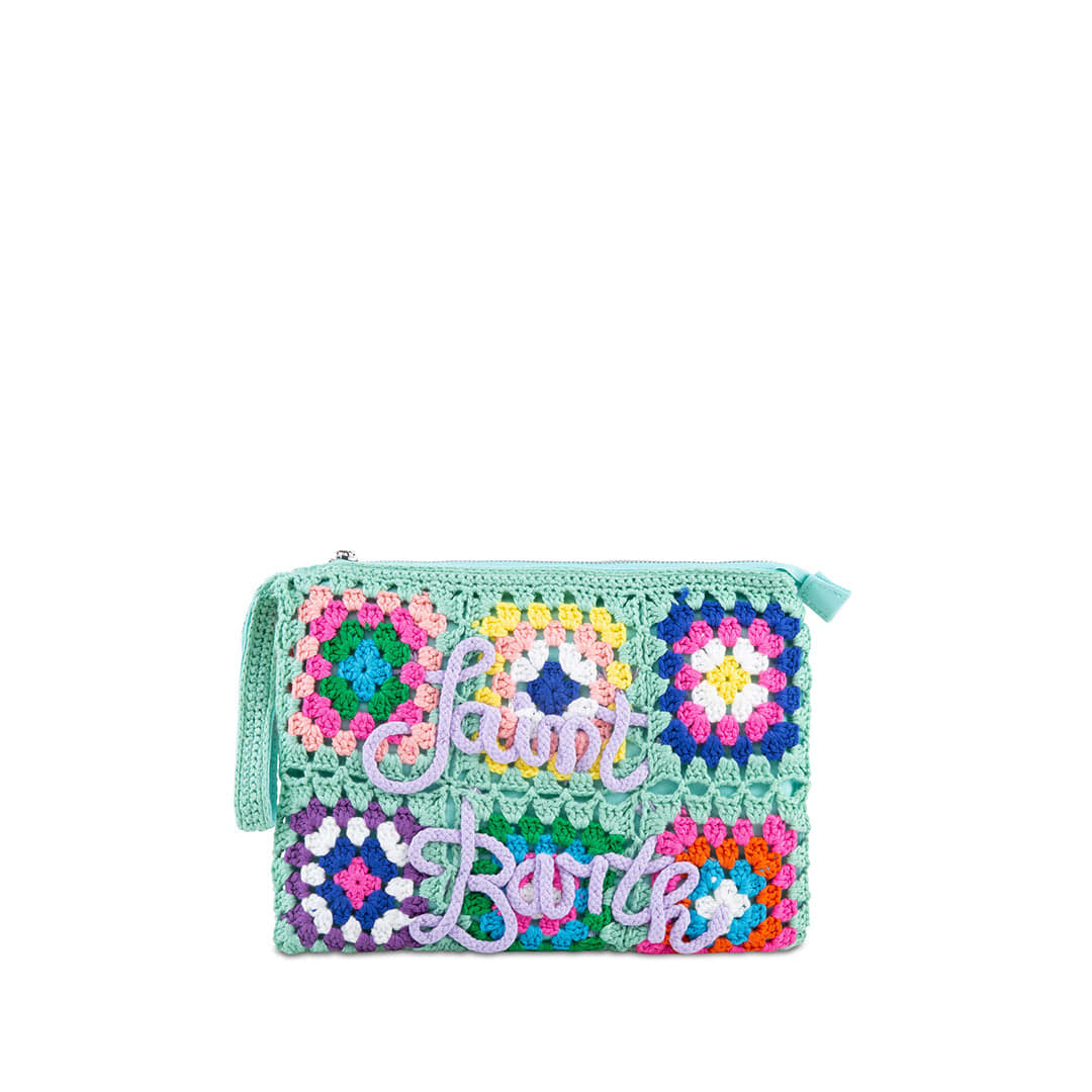 Parisienne Water Green Crochet Pochette With Saint Barth Embroidery