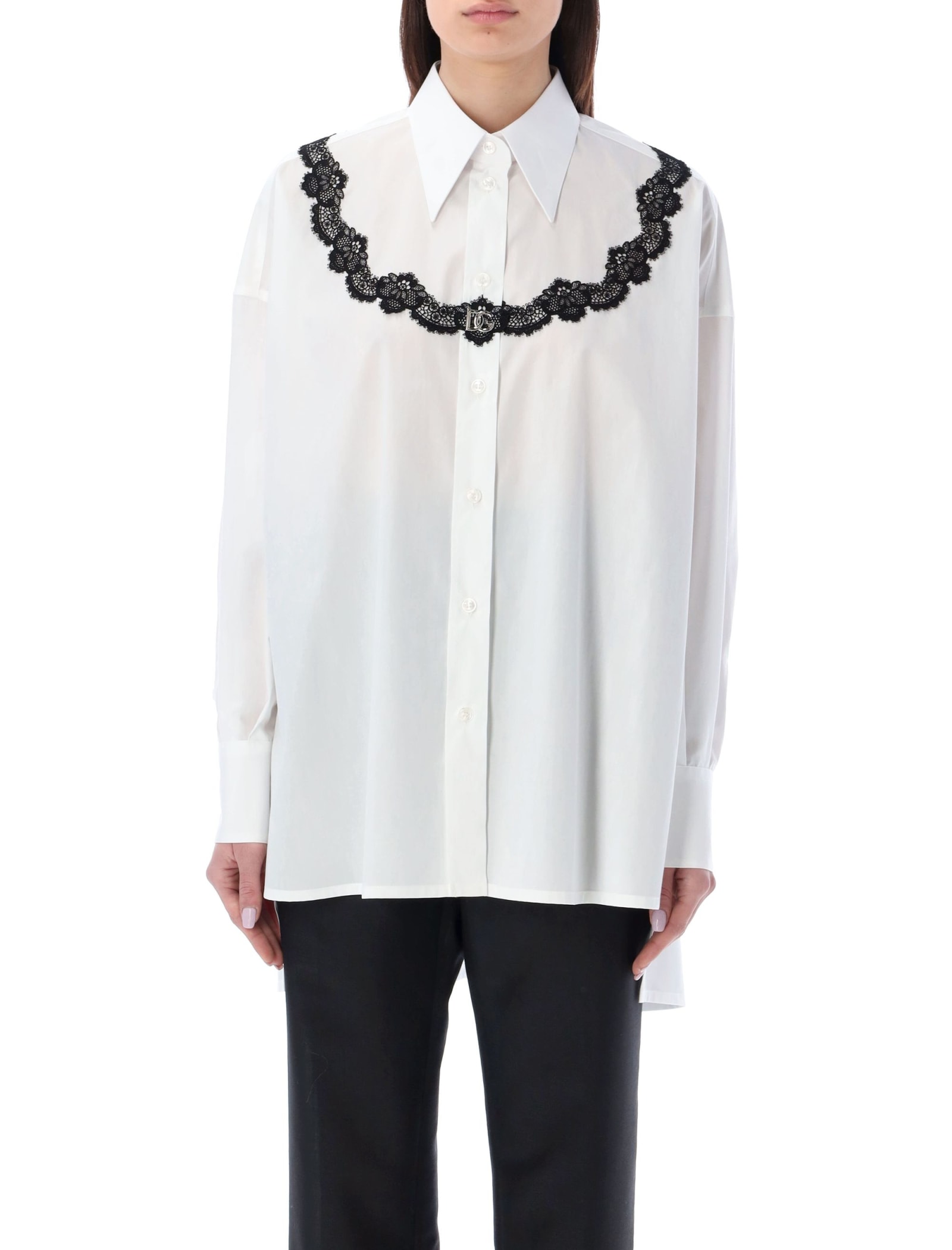 Dolce & Gabbana Dolce&gabbana Oversize Lace Yoke High-low Cotton Blend Button-up Shirt In White