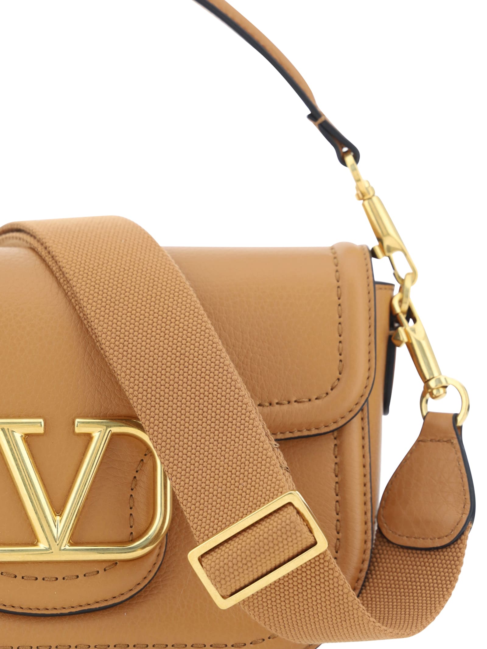 Valentino Garavani Almond Beige Calf Leather Alltime Shoulder Bag In Brown