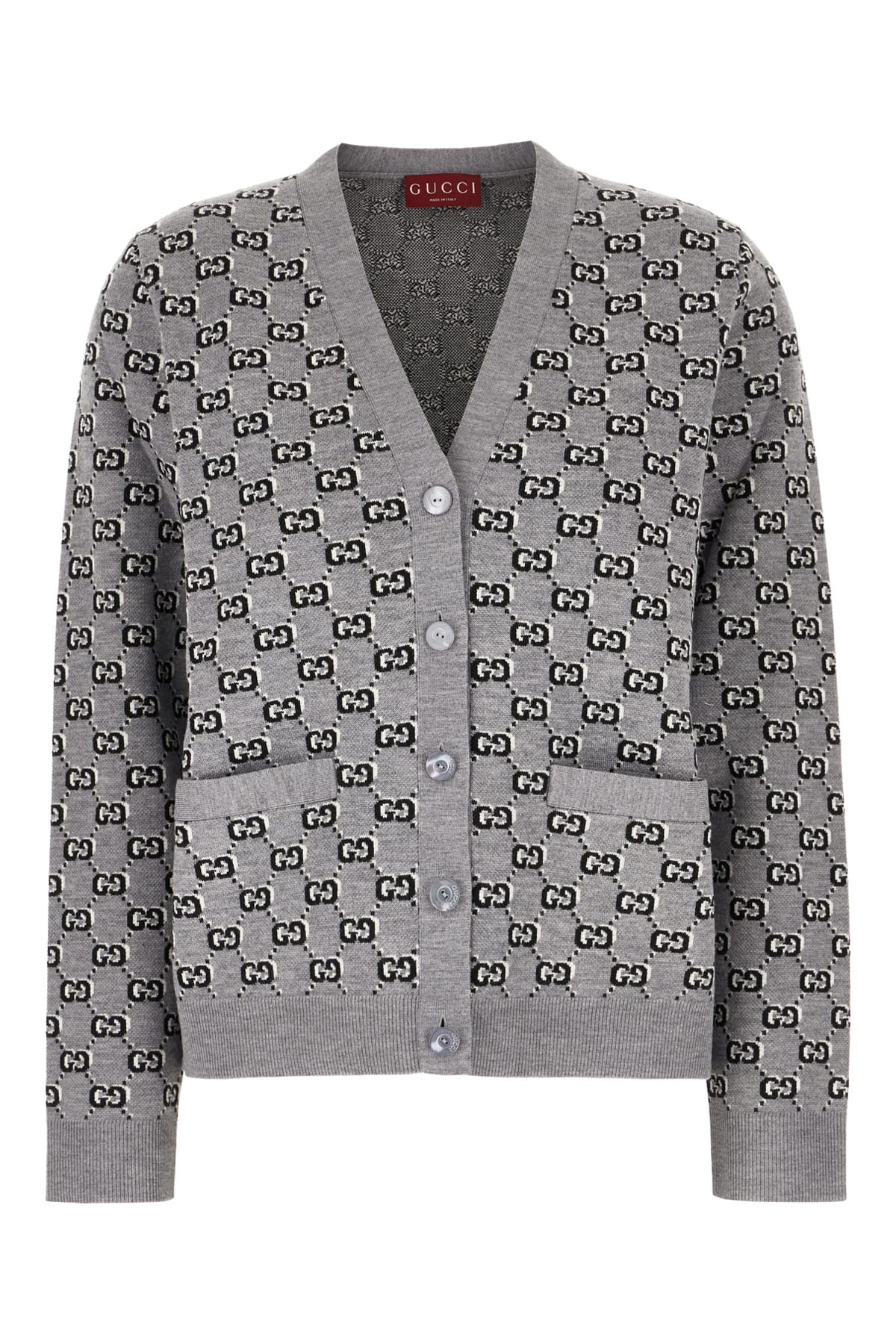 Gucci Wool Jacquard Cardigan With Gg Shadow In Grigio