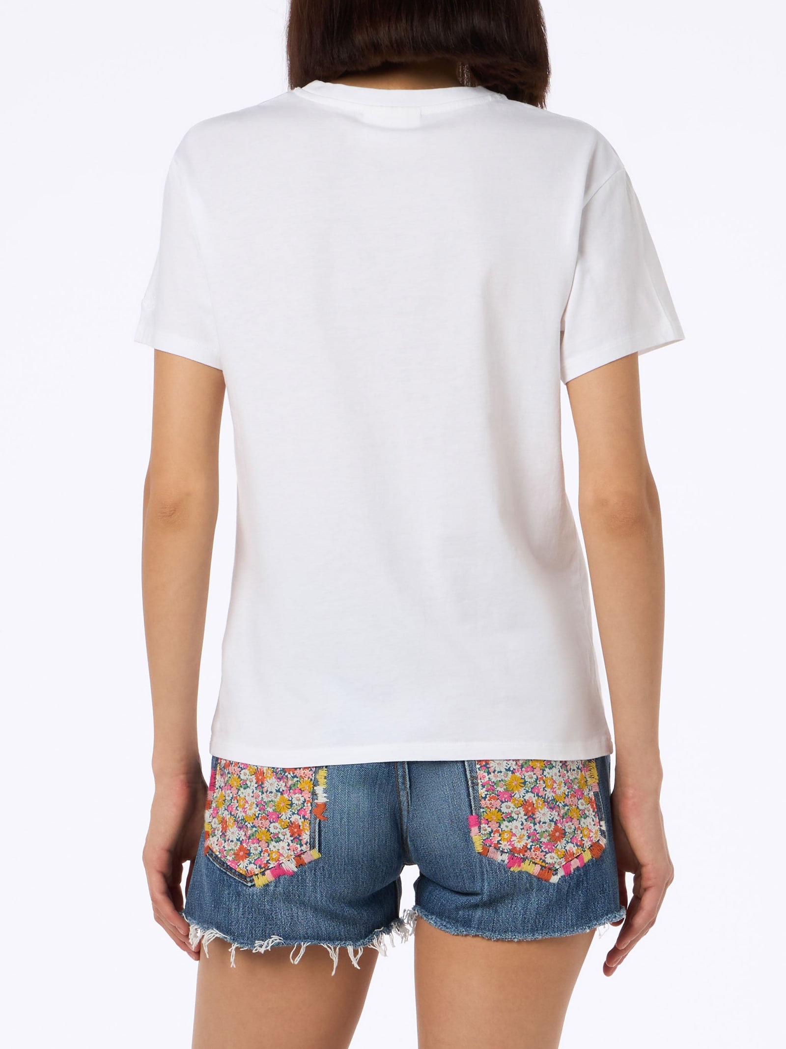 Mc2 Saint Barth Woman White Cotton Jersey Crewneck T-shirt Emilie With Bollicine Queen Embroidery In White