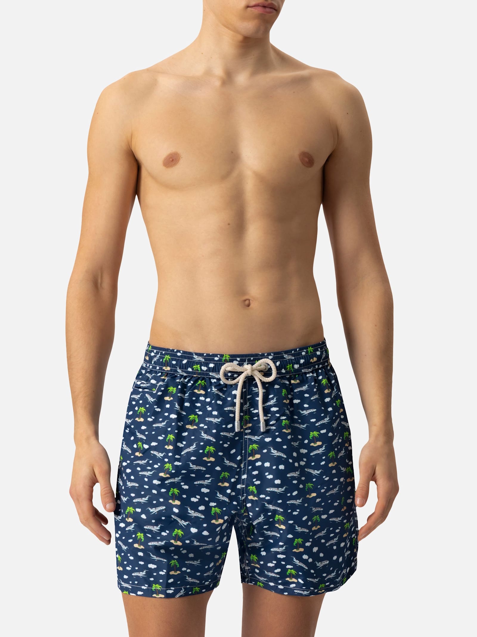 Mc2 Saint Barth Lightweight Fabric Swim Shorts Lighting With Palms And Planes Print In Blue Navy