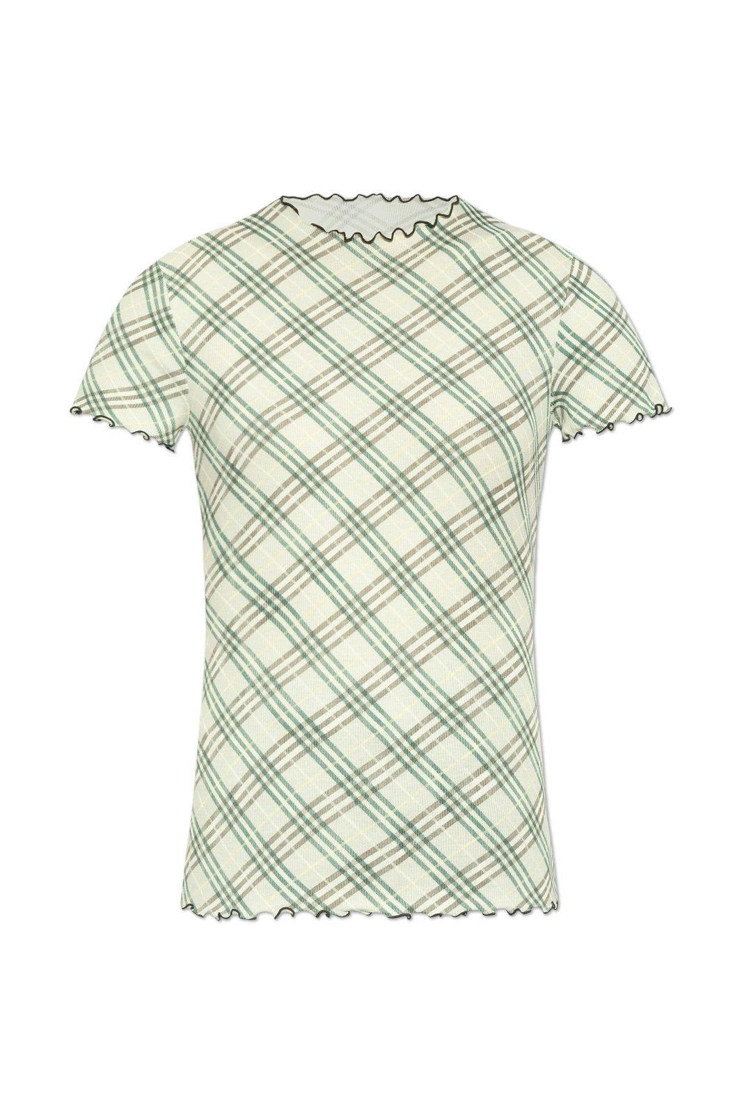 Checked Lettuce Hem Crewneck T-shirt