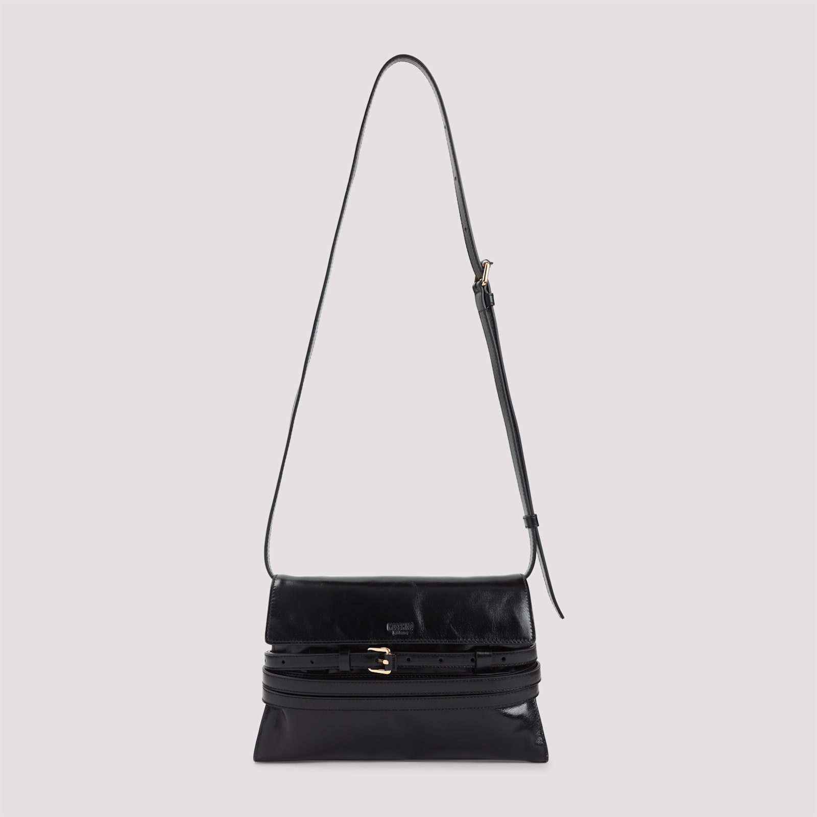 Moschino Structured Leather Shoulder Bag With Adjustable Strap In Black