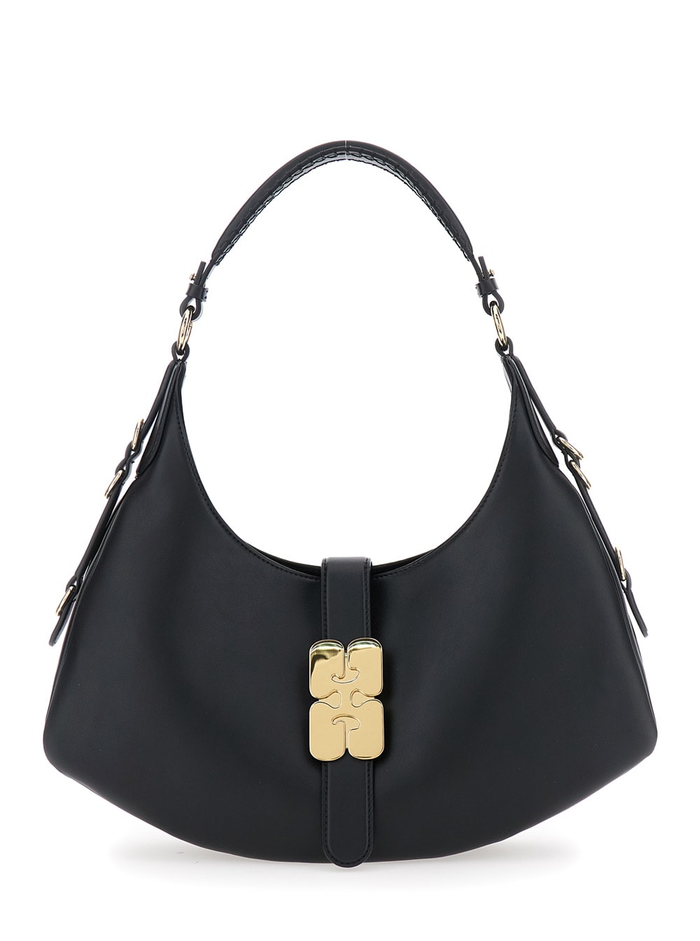 Ganni Kat Small Black Shoulder Bag With Adjustable Handle And Logo Plaque On The Front In Leather Woman In Black