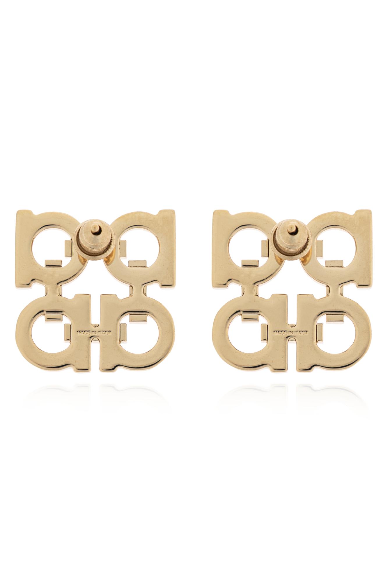 Ferragamo Crystal Embellished Four Gancini Clip On Earrings In Gold
