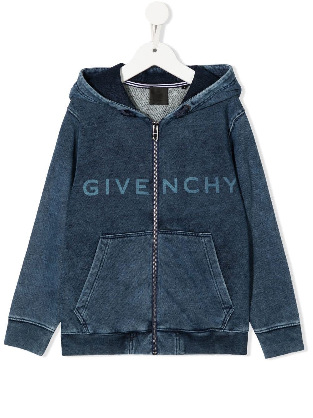 Denim Blue Zipped Hoodie With Givenchy 4g Print