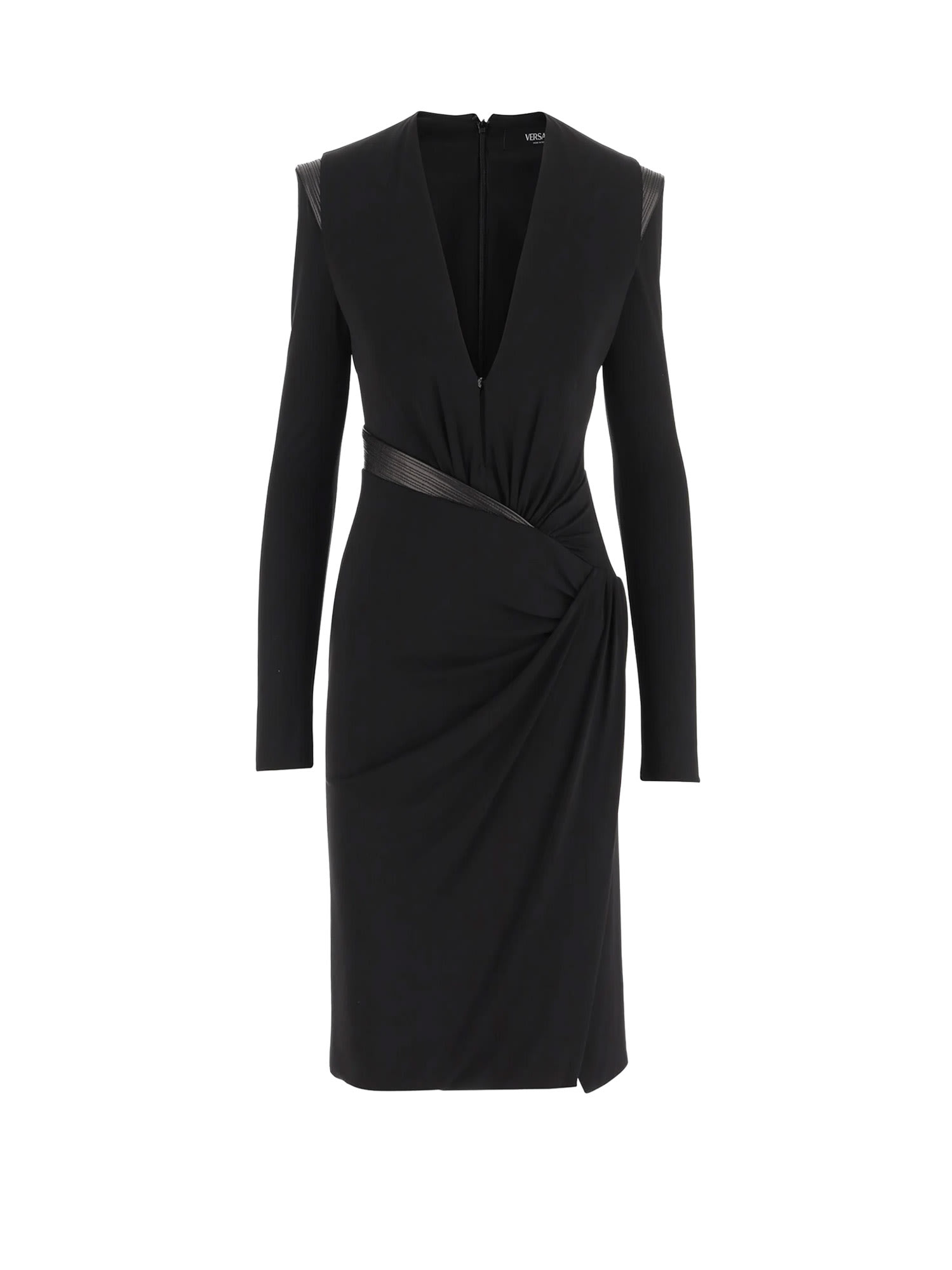 Versace Crepe Mini Dress With V-neckline In Black