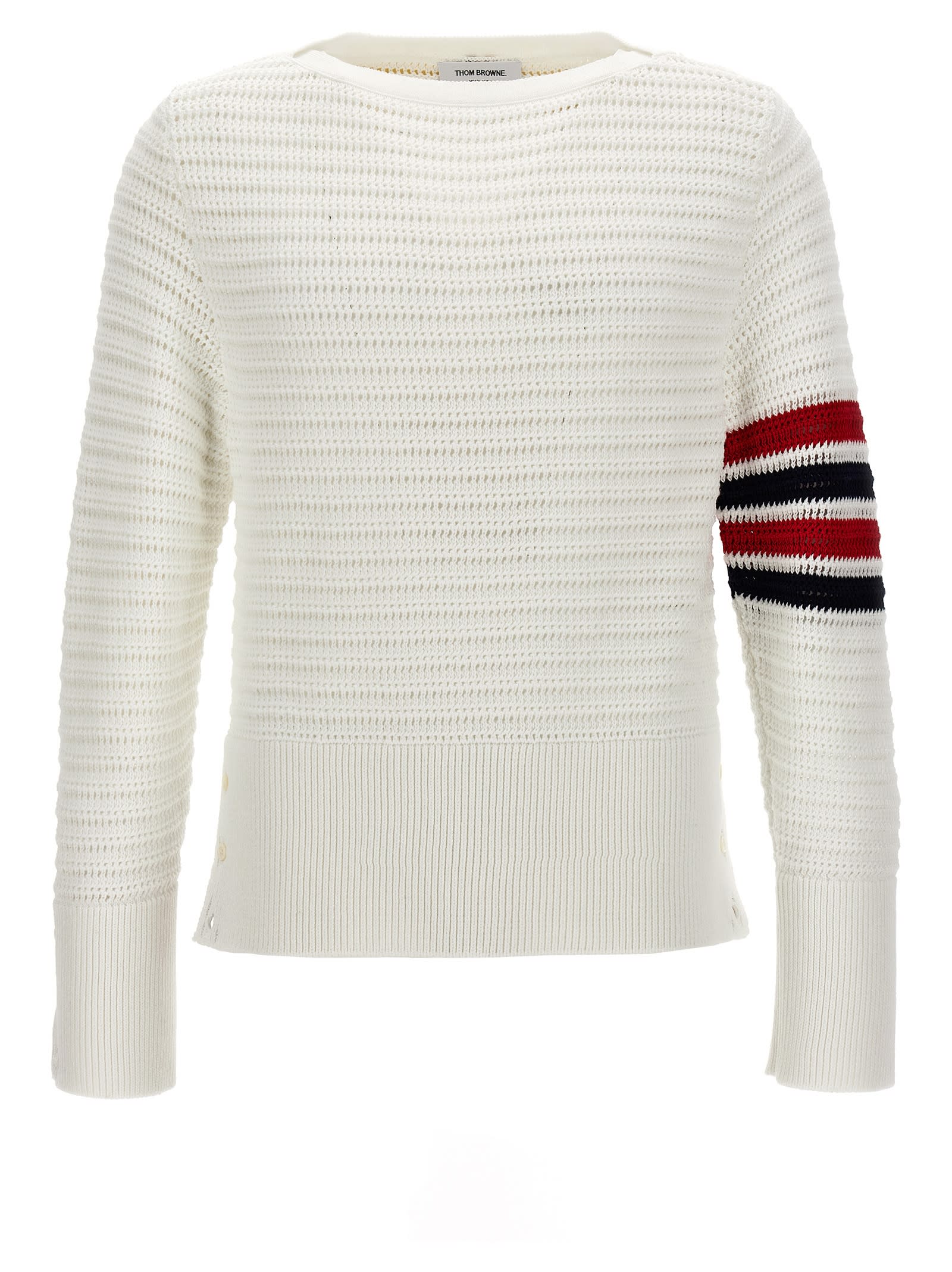 Shop Thom Browne Faux Crochet Stitch Sweater In White