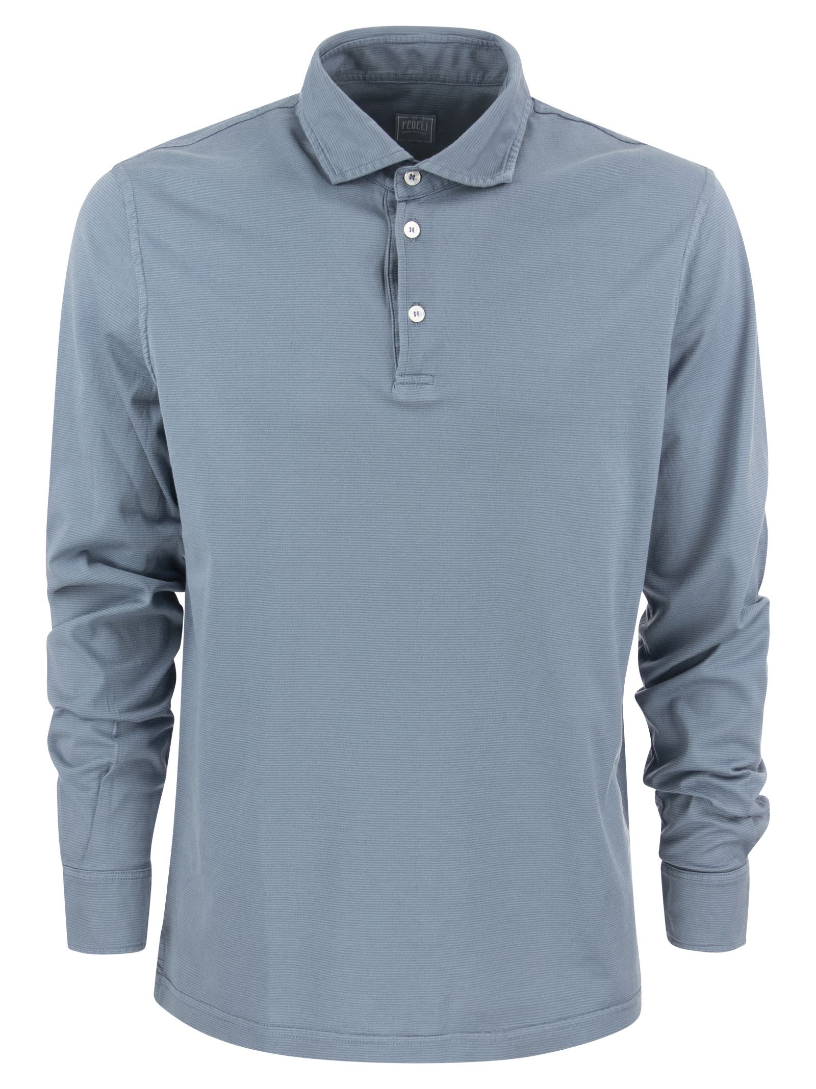 Shop Fedeli Long-sleeved Cotton Polo Shirt In Avio Blue