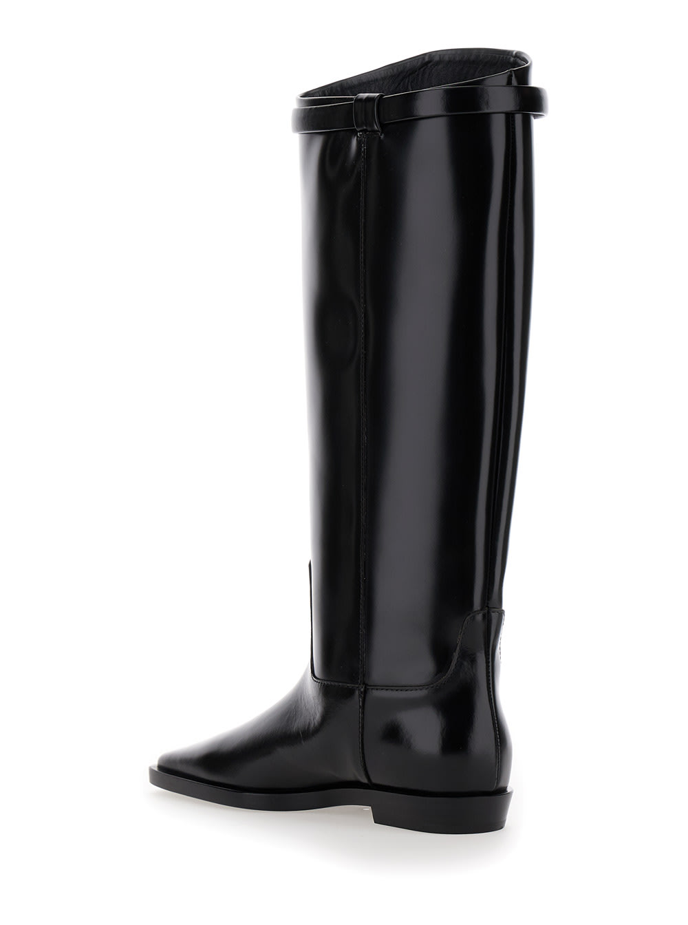 Shop Totême The Riding Boot Black Knee-high Boots With Embossed Logo In Leather Woman