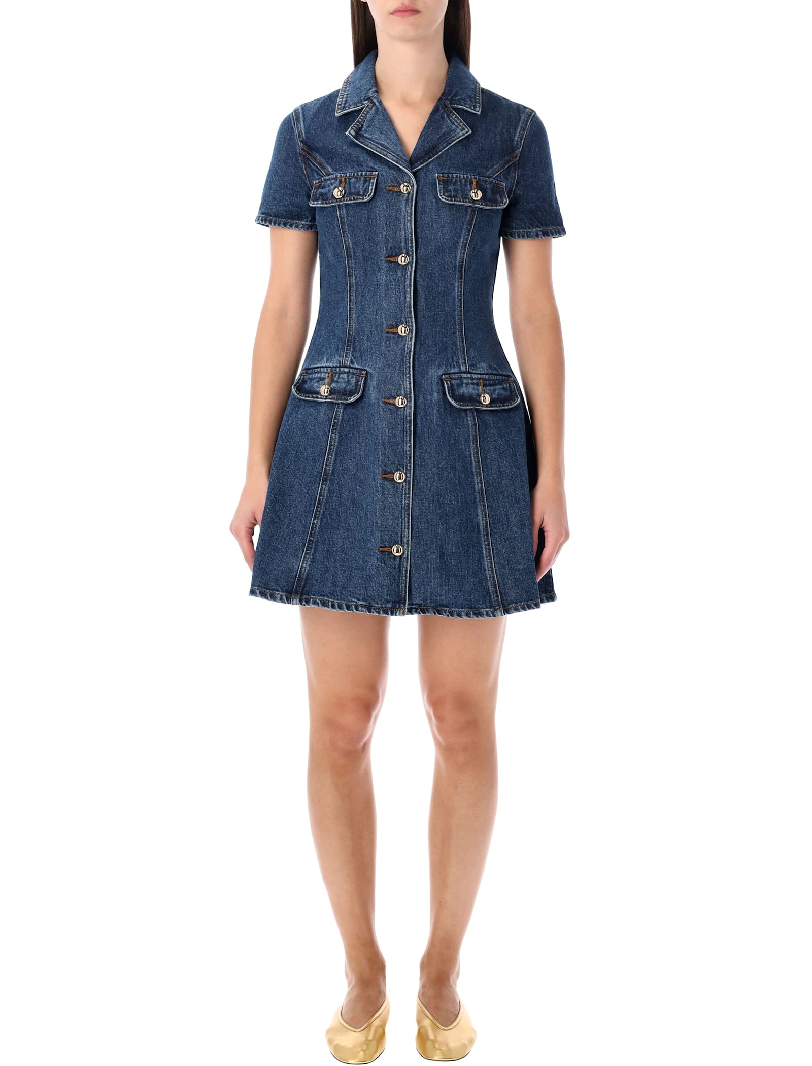 Self-portrait Blue Denim Mini Dress With Gold Buttons In Blue