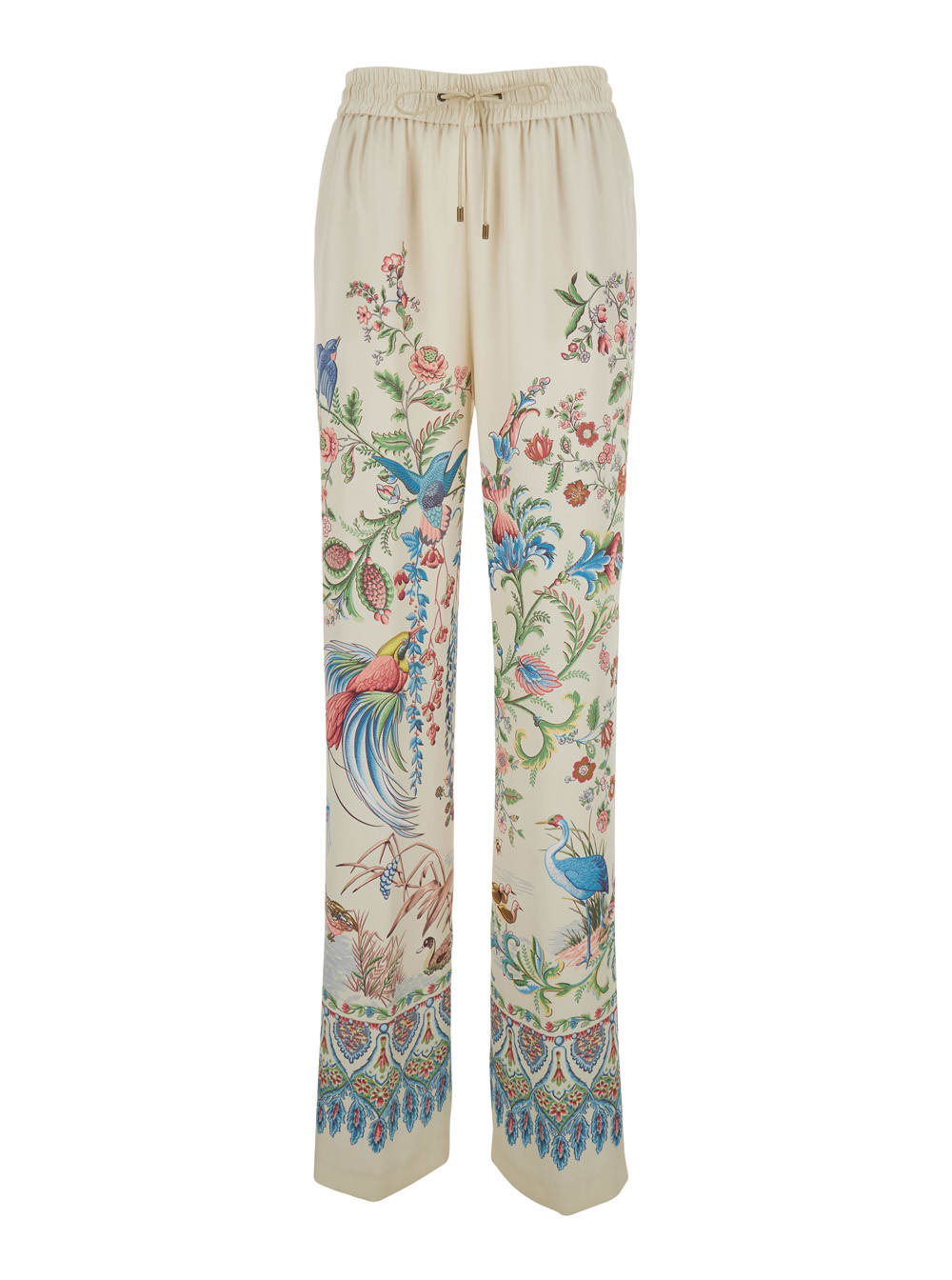Etro Women White Pants With Elastic Drawstring Waist And All-over Floral Print In Tech Fabric Woman In Multi