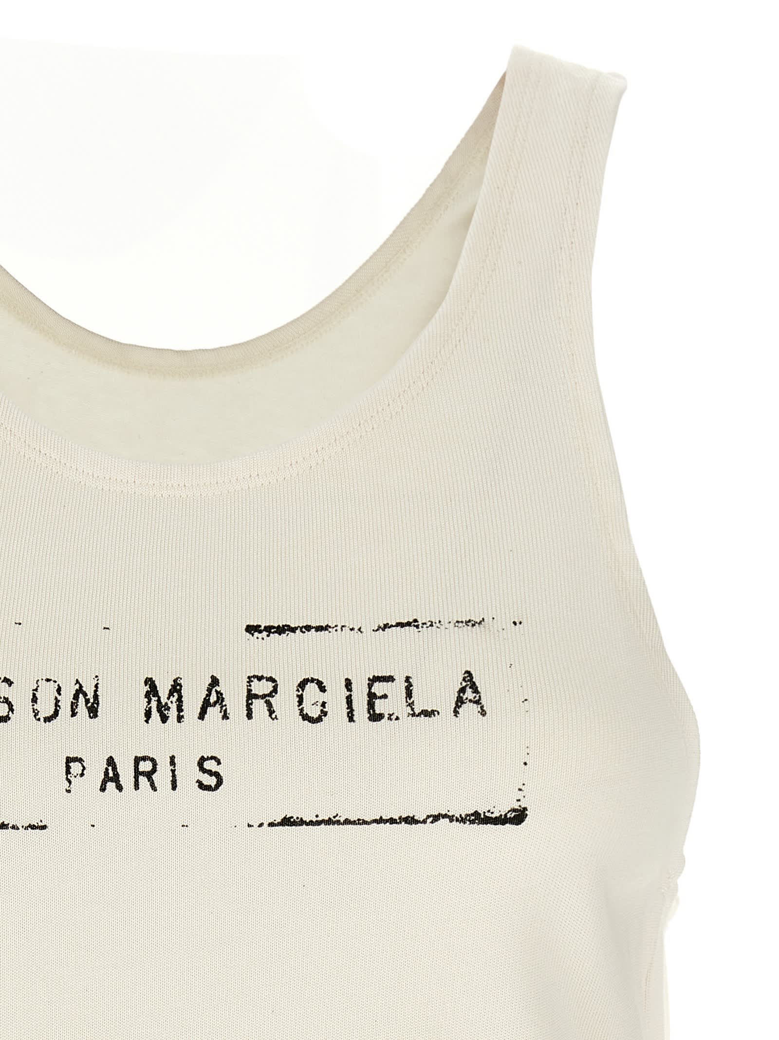 Maison Margiela Beige Top With Wide Neckline And Logo Printed On The Front In Viscose And Cotton Blend Woman In Beige