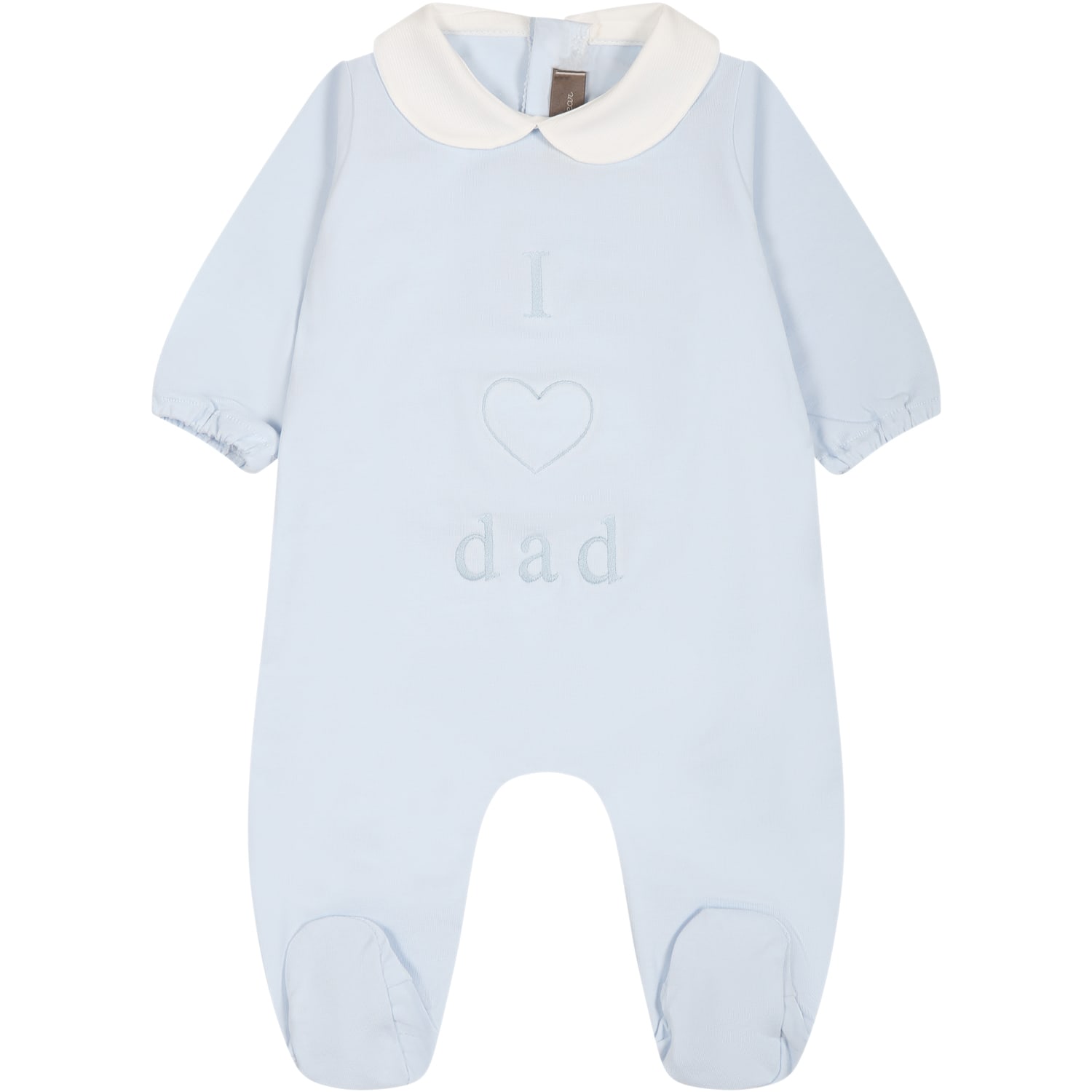 Little Bear Light Blue Onesie For Baby Boy With Writing And Heart In Cielo