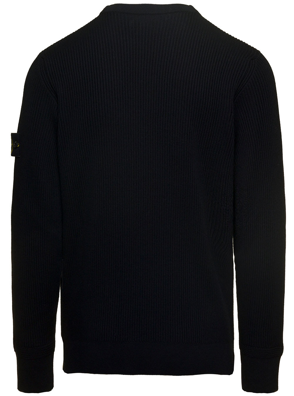 Shop Stone Island Black Crewneck Sweater With Logo Patch In Ribbed Wool Man