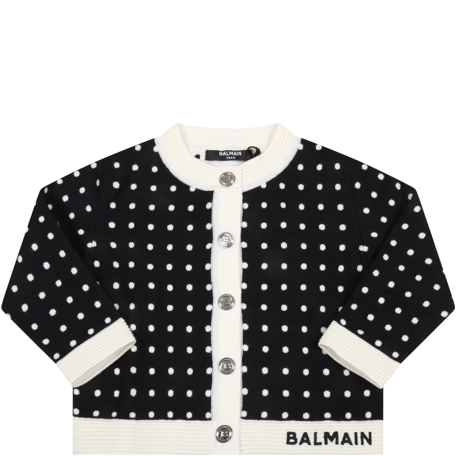 Balmain Black Cardigan For Baby Kids With Polka-dots