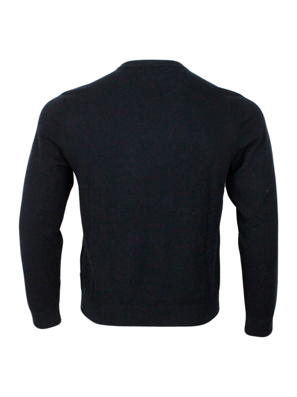 Shop Armani Collezioni Lightweight Long-sleeved Crew-neck Sweater Made Of Warm Cotton And Cashmere With Contrasting Color P In Black