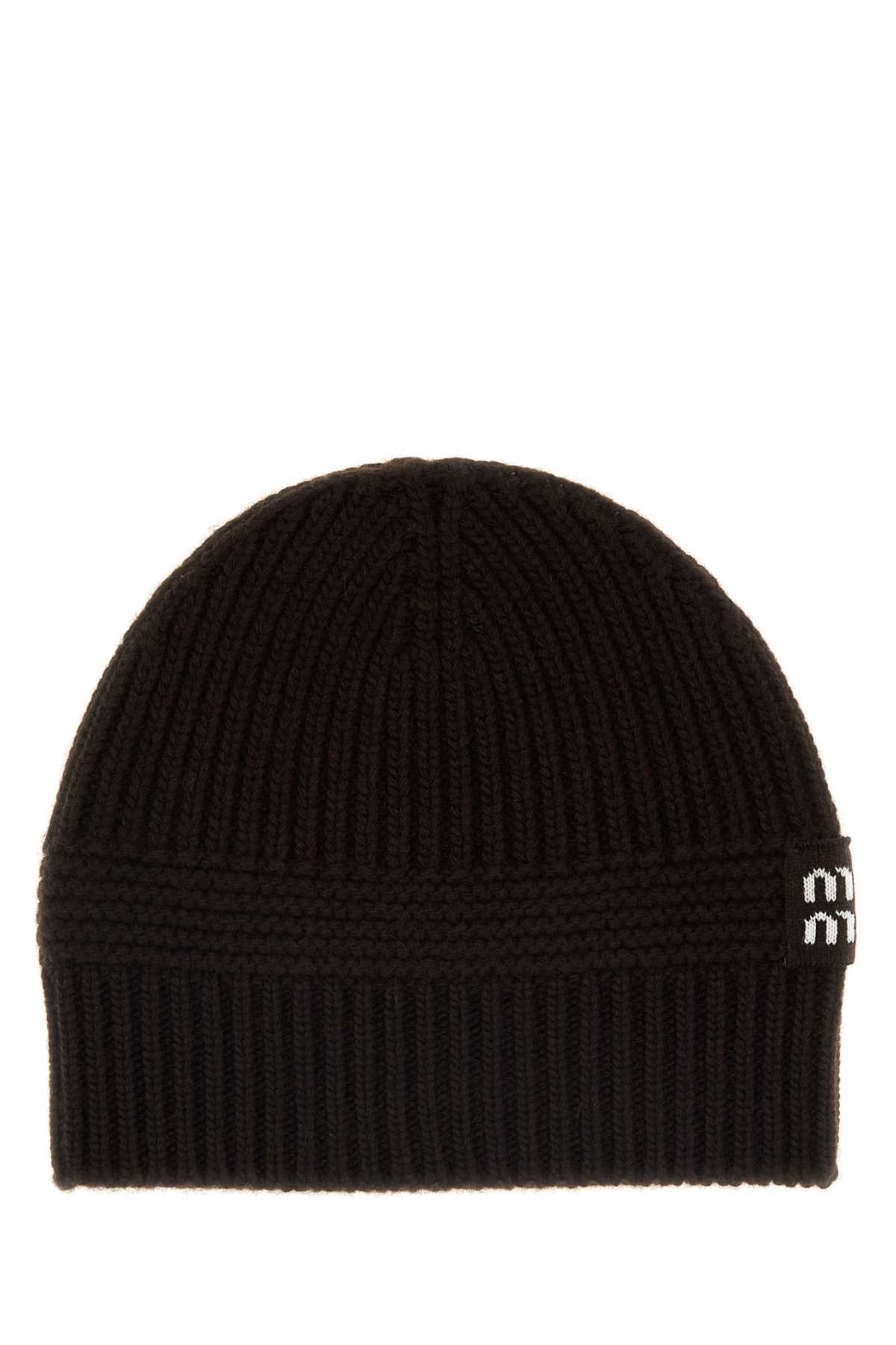 Miu Miu Stretch Wool Blend Ribbed Knit Beanie In Brown