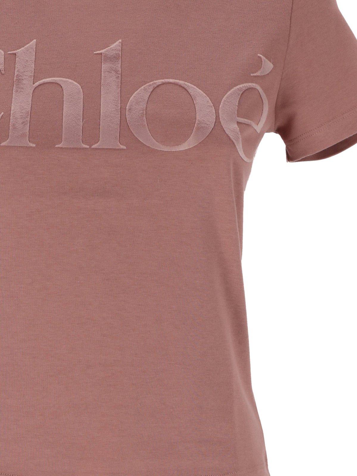 Shop Chloé Velvet-logo Crewneck T-shirt In Rosa