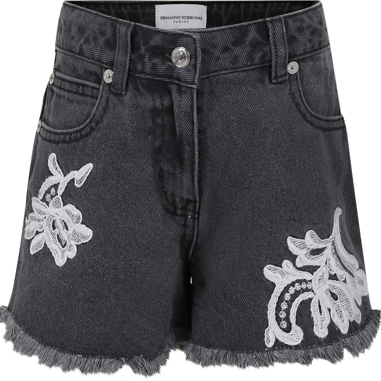 ERMANNO SCERVINO JUNIOR GREY SHORTS FOR GIRL WITH EMBROIDERY
