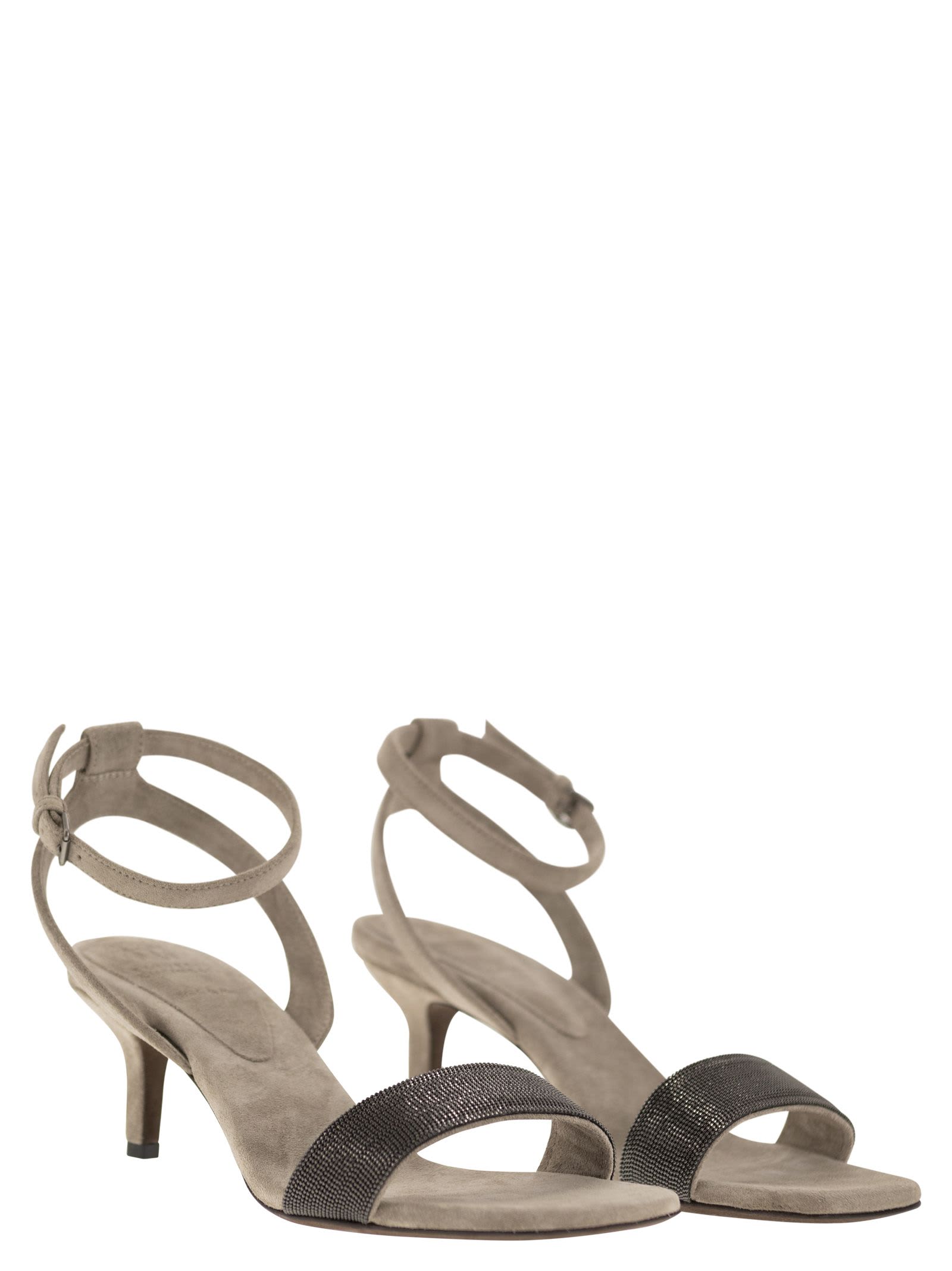 Shop Brunello Cucinelli Suede Sandals With Precious Insert In Dove Grey