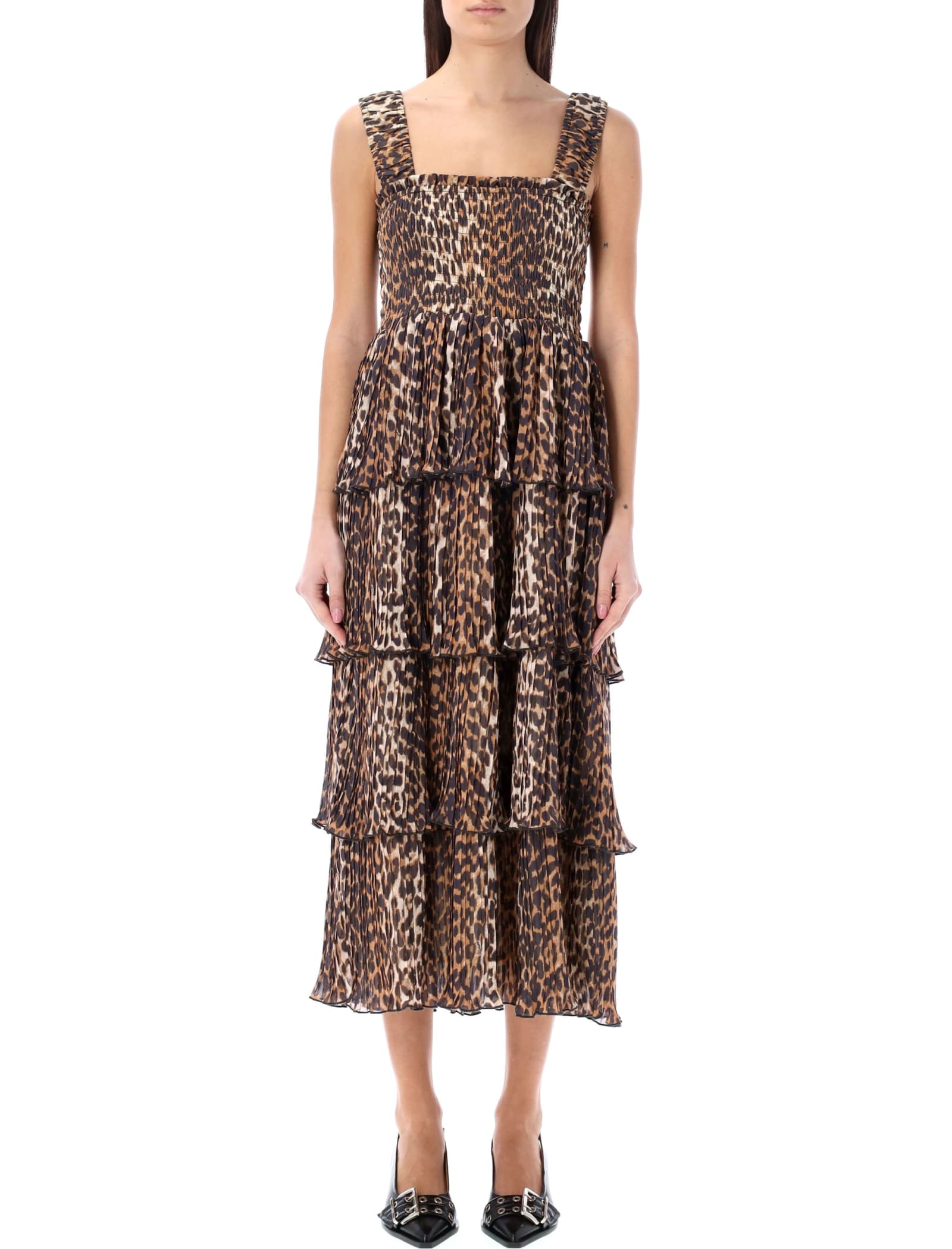 Shop Ganni Leopard Flounce Long Dress