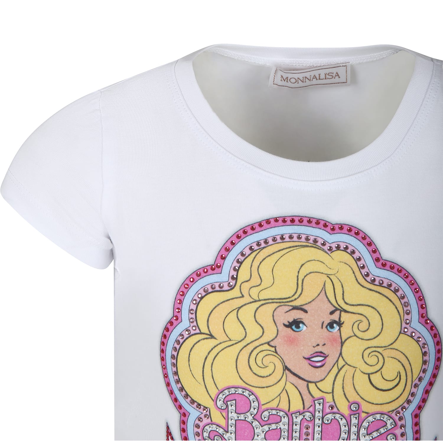 Shop Monnalisa White Crop T-shirt For Girl With Barbie Print And Rhinestone