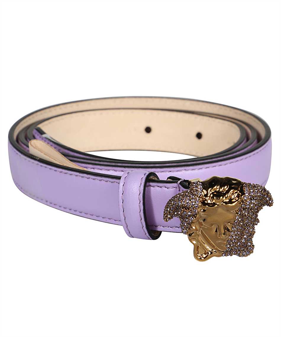 Versace La Medusa Crystal Buckle Leather Belt In Purple
