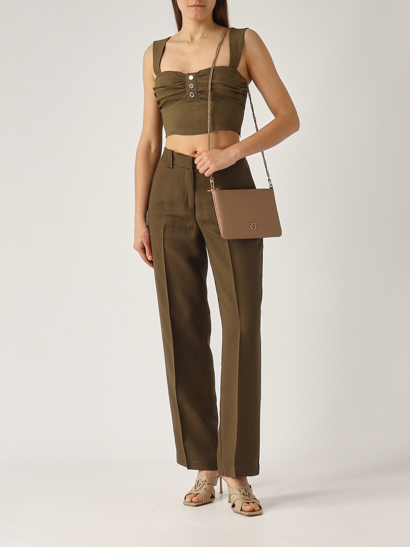 Pinko Green Pants With Belt Loops And Pleats In Viscose And Linen Blend Woman In Bruciato