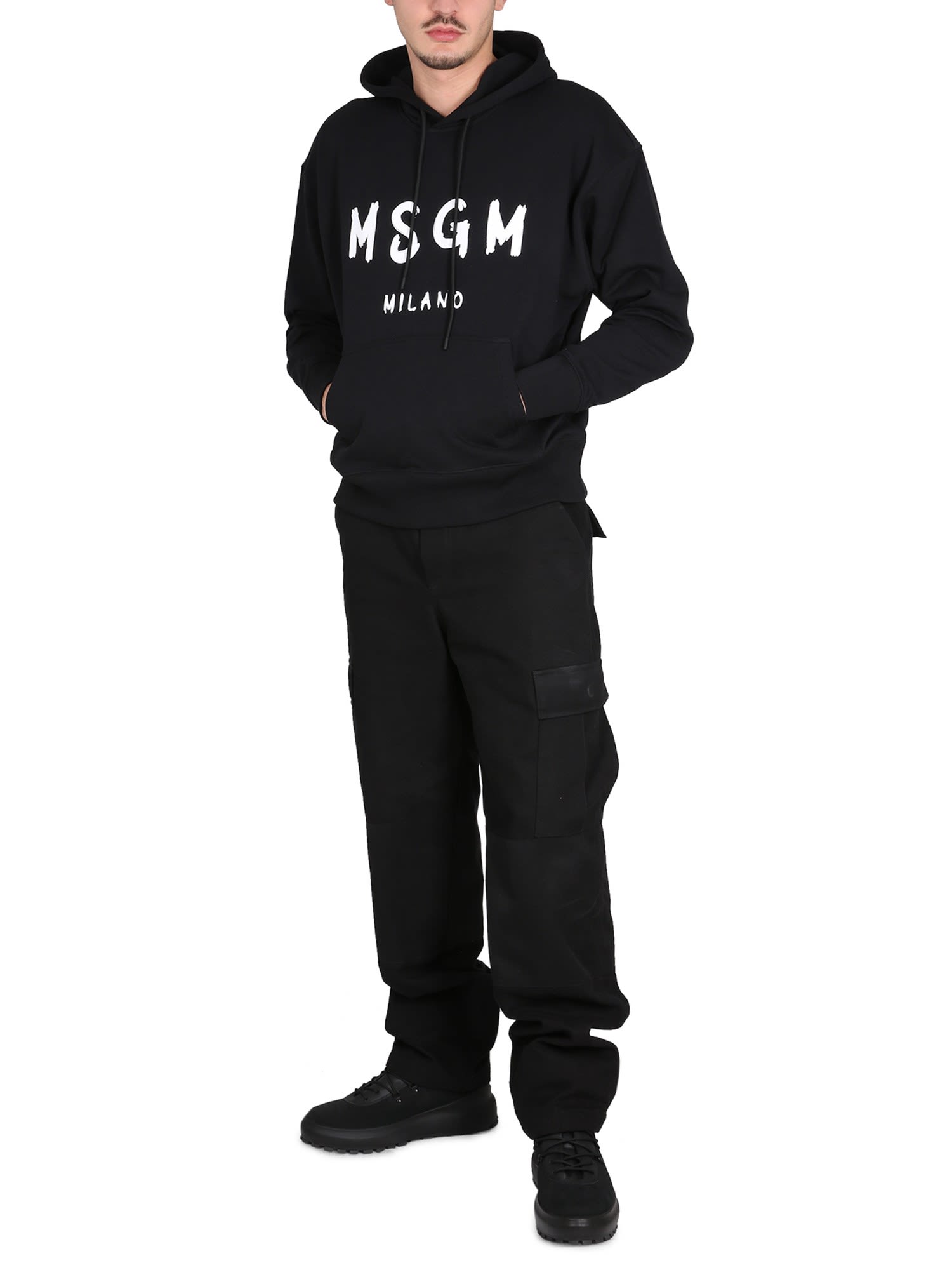 Shop Msgm Sweatshirt With Brushed Logo In Nero