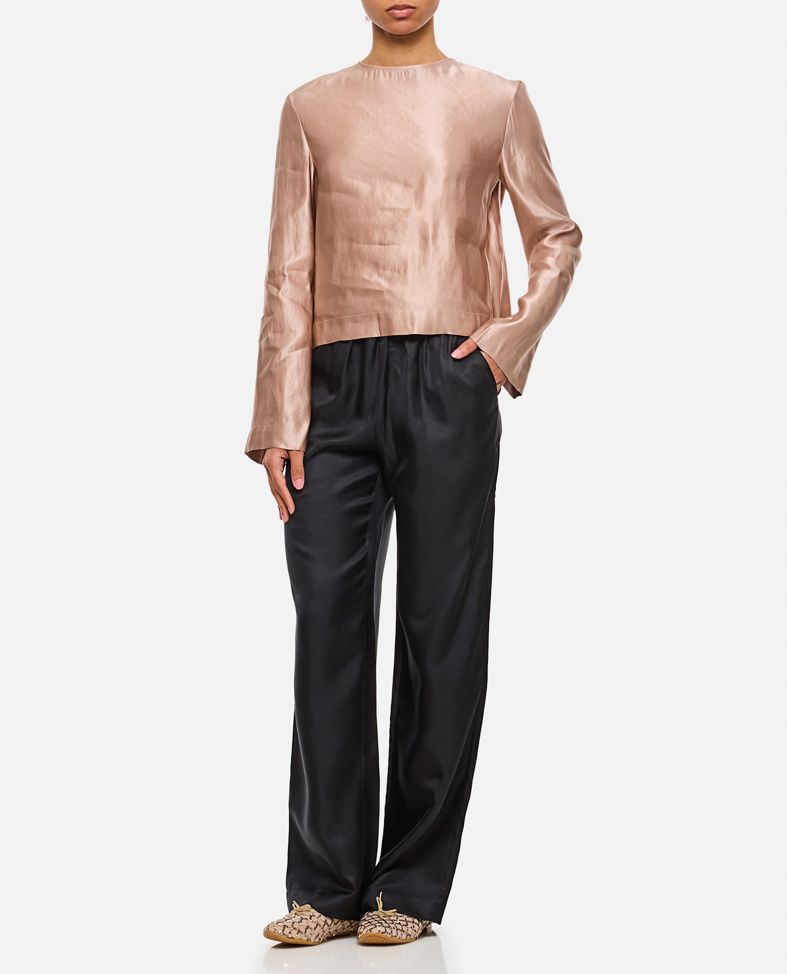 LOULOU STUDIO SILK AND LINEN ROUND NECK BLOUSE