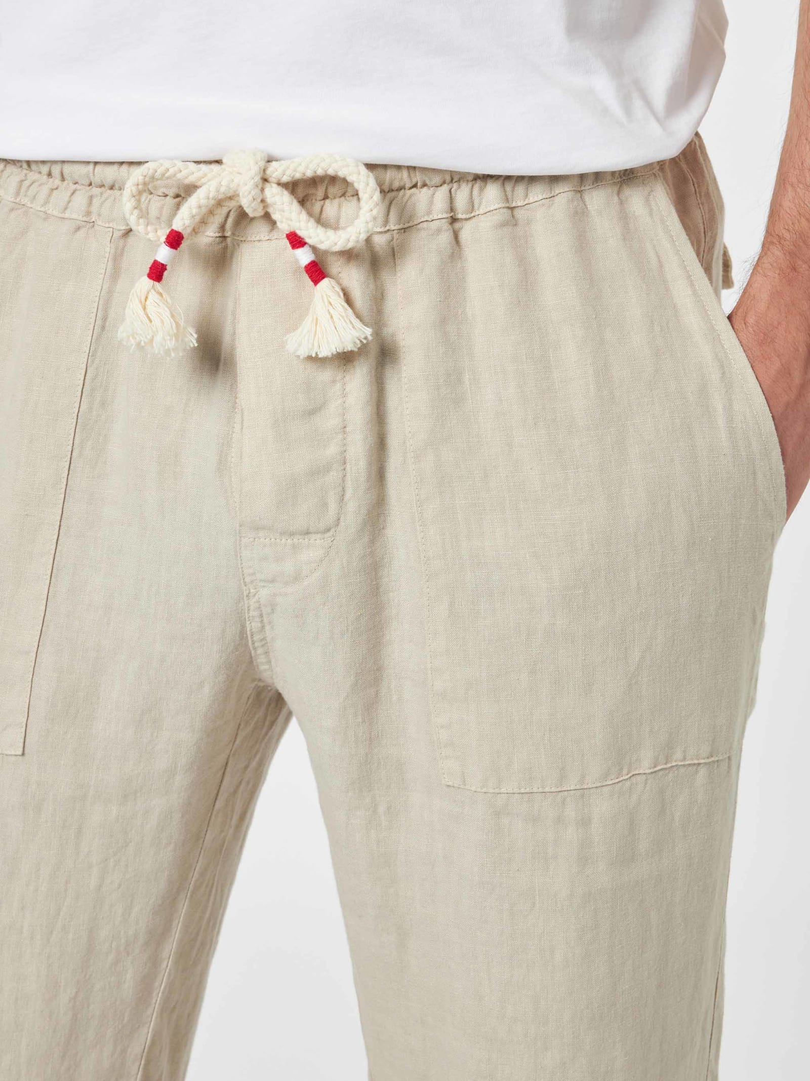 Mc2 Saint Barth Man Off-white Linen Calais Pants With Drawstring In White