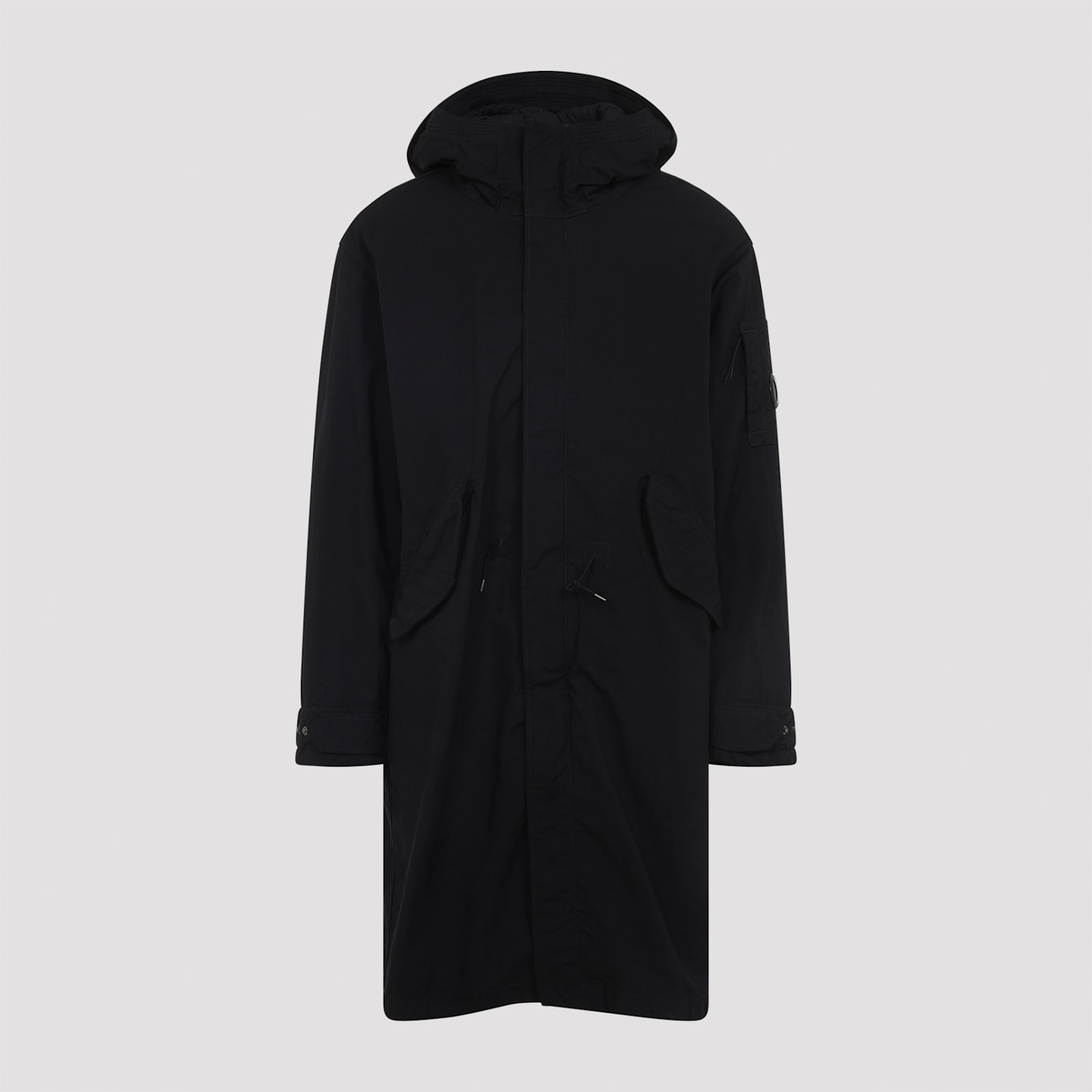 C.p. Company Long Jacket With Adjustable Cuffs And Hood In Black