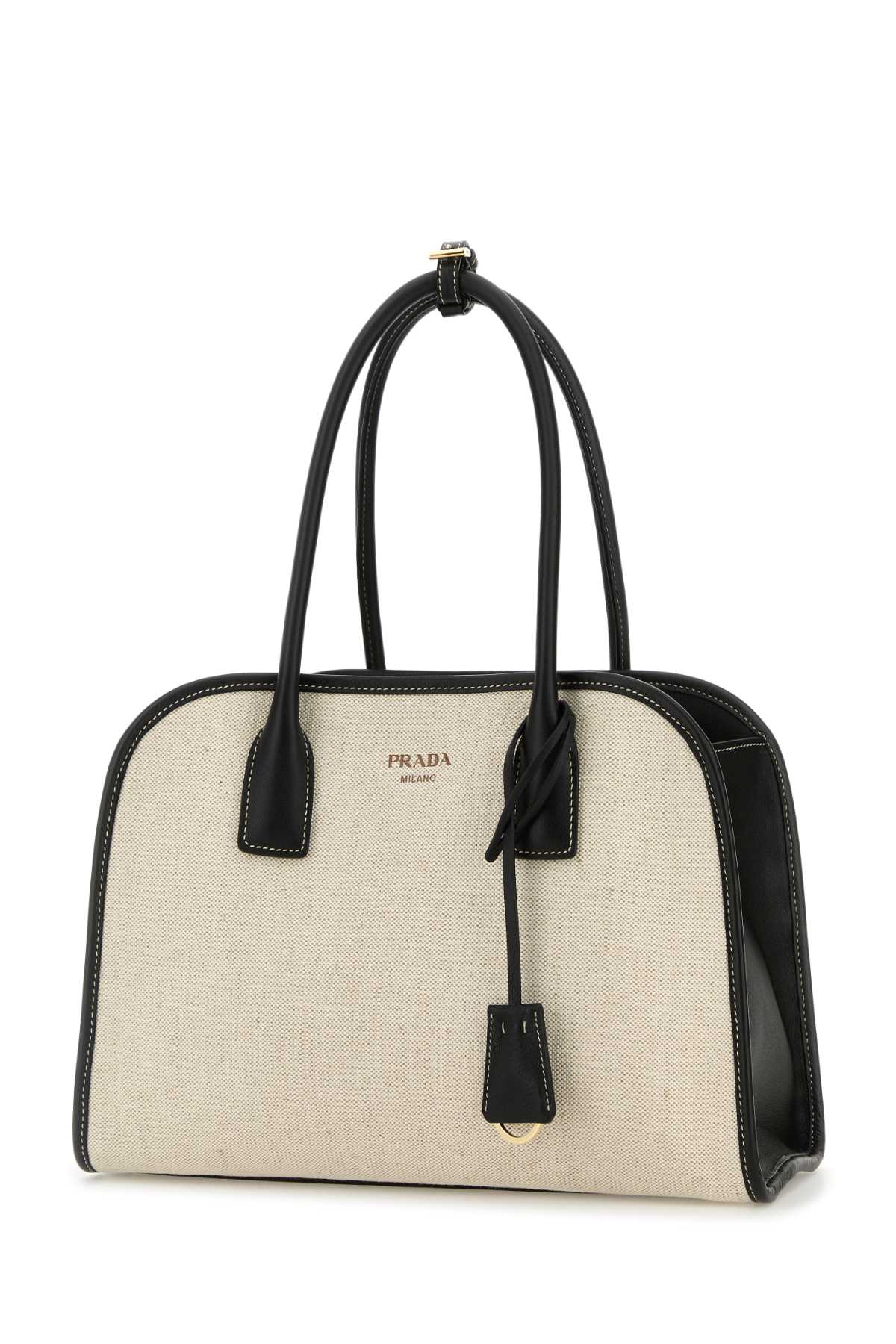 Prada Sand Canvas Medium Shopping Bag In Black