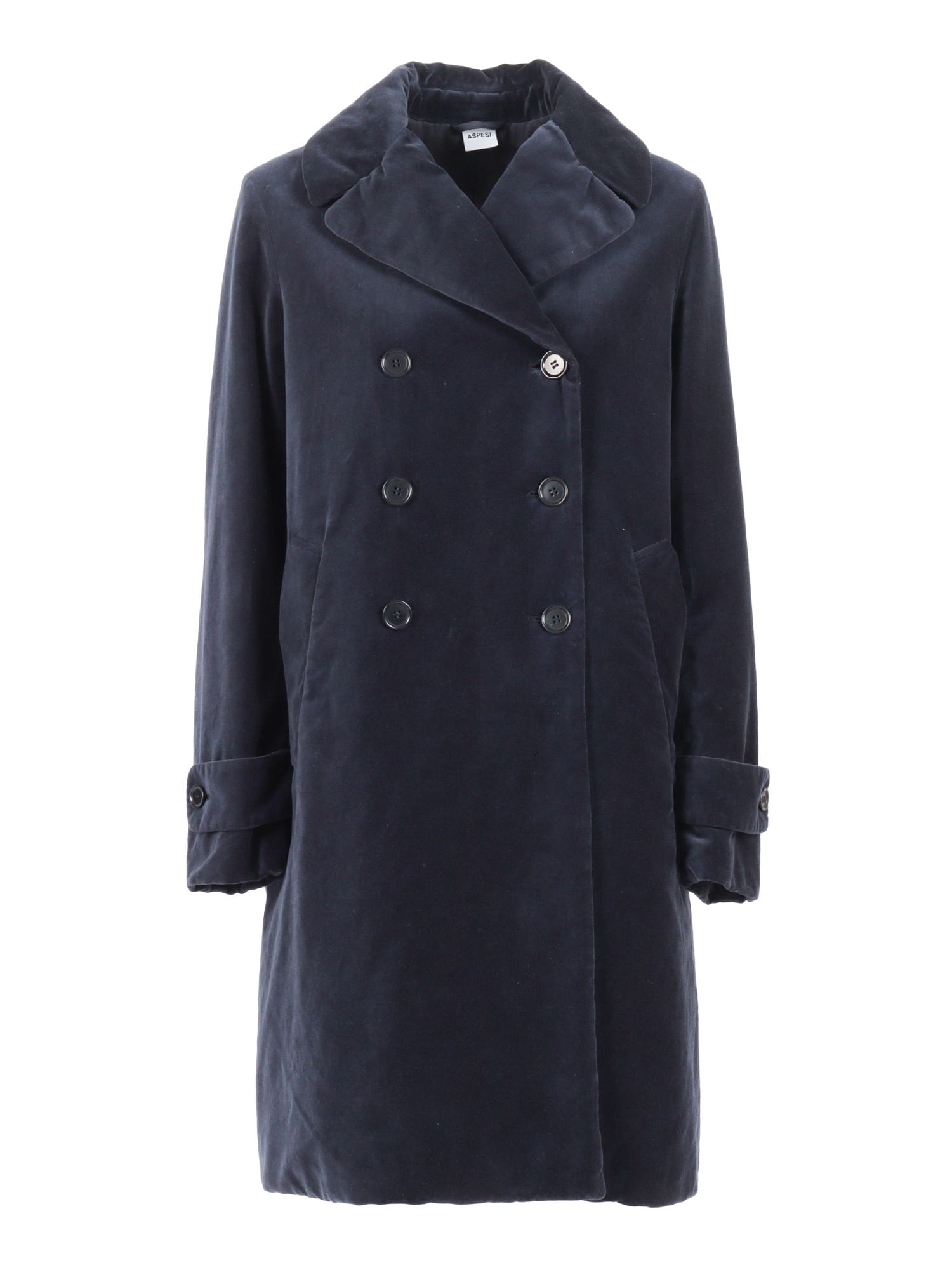Aspesi Double-breasted Long Coat With Velvety Texture In Blue