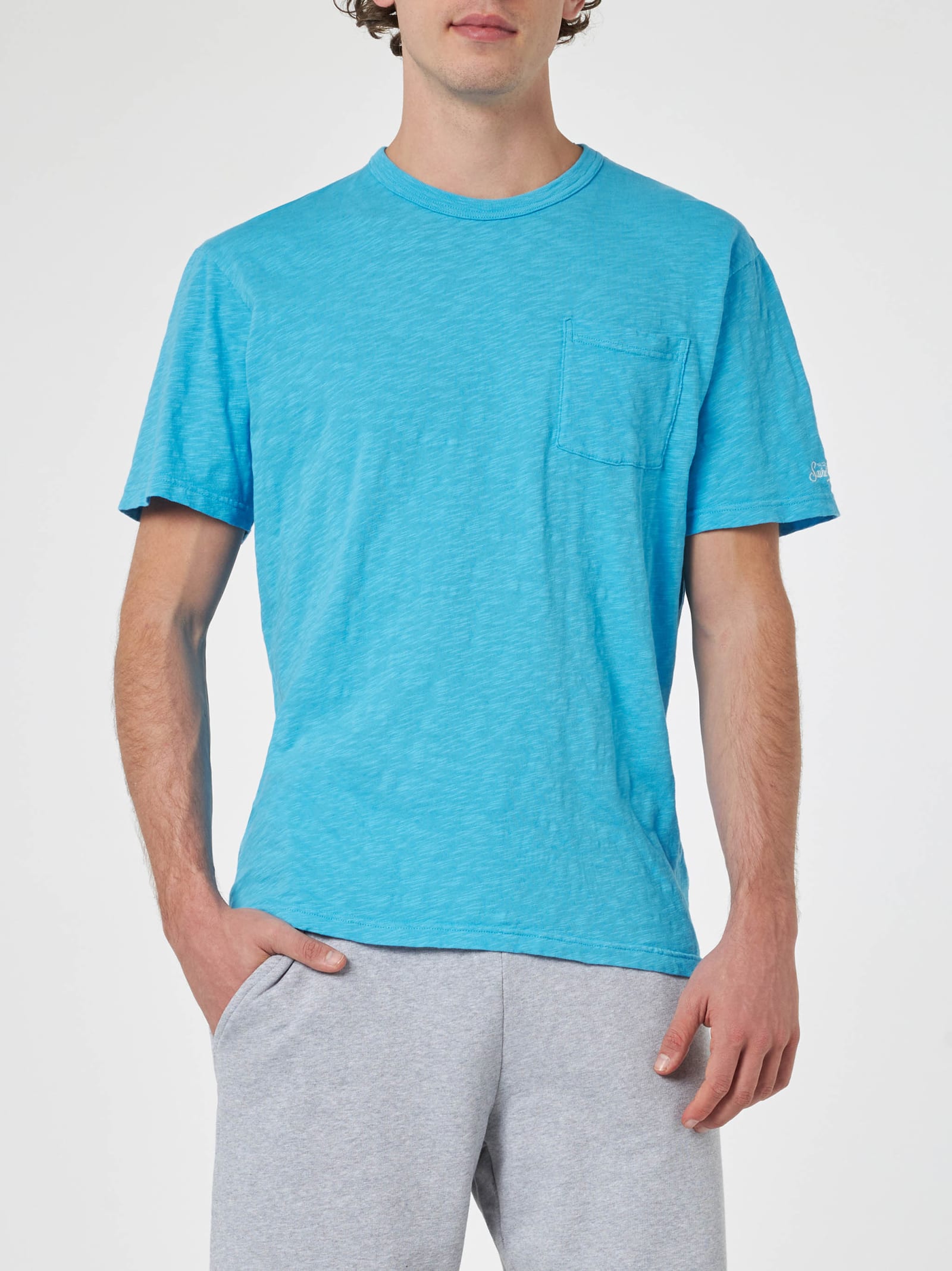 Mc2 Saint Barth Man Bluette Flamed Cotton T-shirt President With Embroidery In Sky