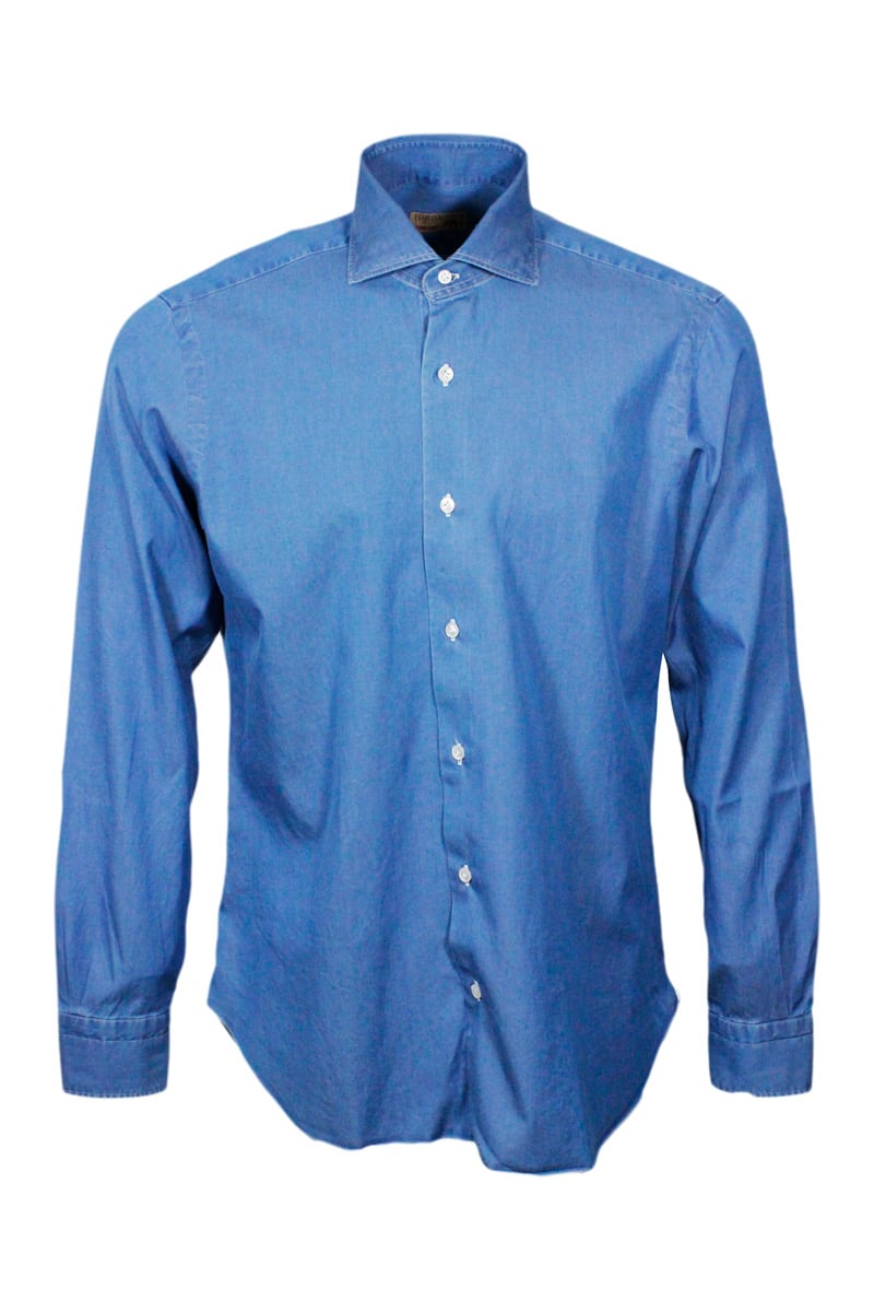 Barba Napoli Dandylife Denim Shirt With Hand-sewn Italian Collar And Mother-of-pearl Buttons