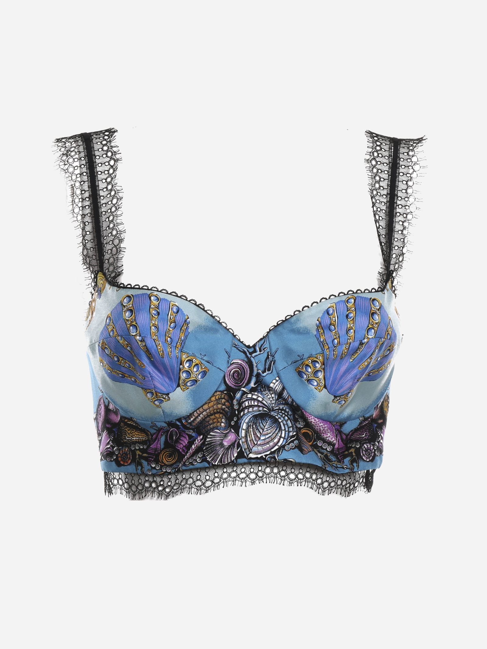 Shop Versace Silk Bralette With Baroque Mosaic Print And Lace Trim In Blue, Black