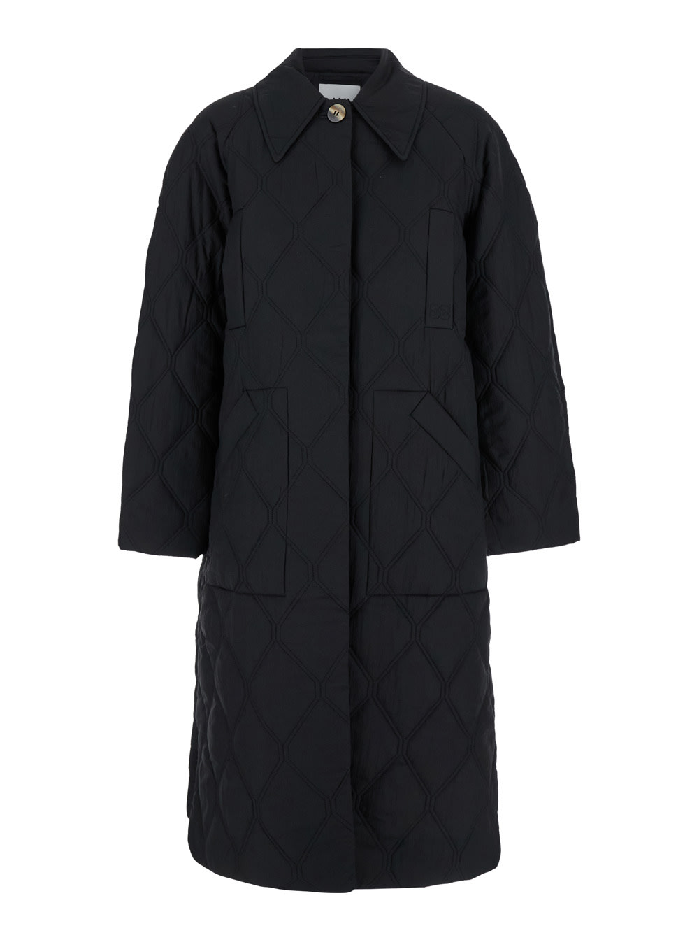 Shop Ganni Midi Black Quilted Coat In Recycled Fabric Woman