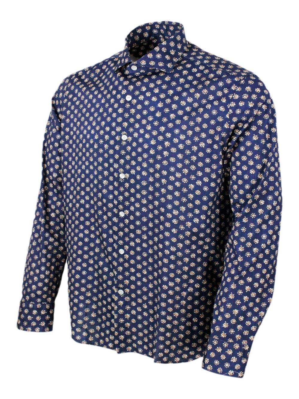 Shop Sonrisa Luxury Shirt In Soft, Precious And Very Fine Stretch Cotton Flower With Spread Collar In Small Beige In Blu