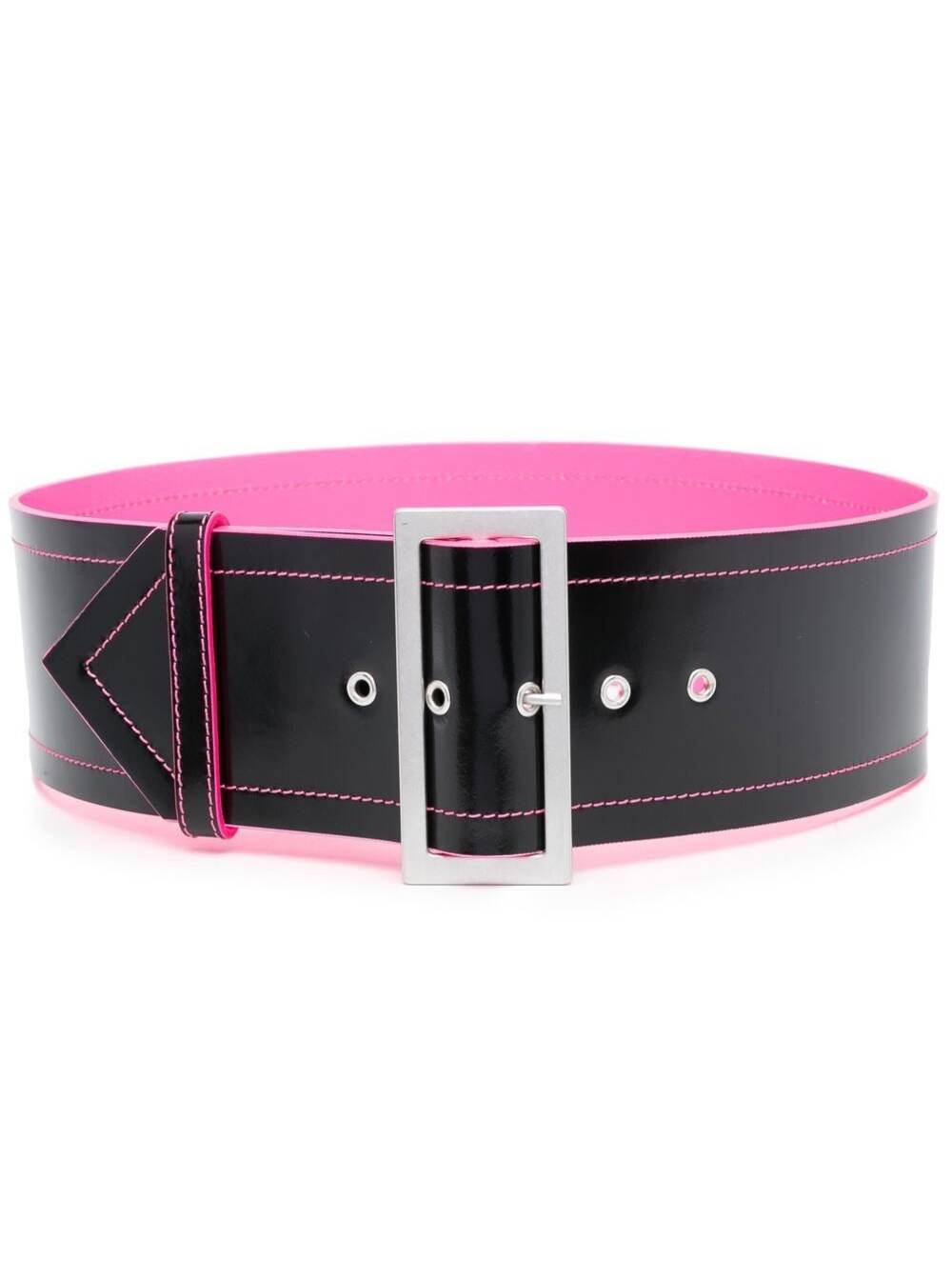PHILOSOPHY DI LORENZO SERAFINI BLACK AND FLUO PINK BELT WITH POINTED TIP AND CONSTRAST STITCHING IN LEARHER WOMAN