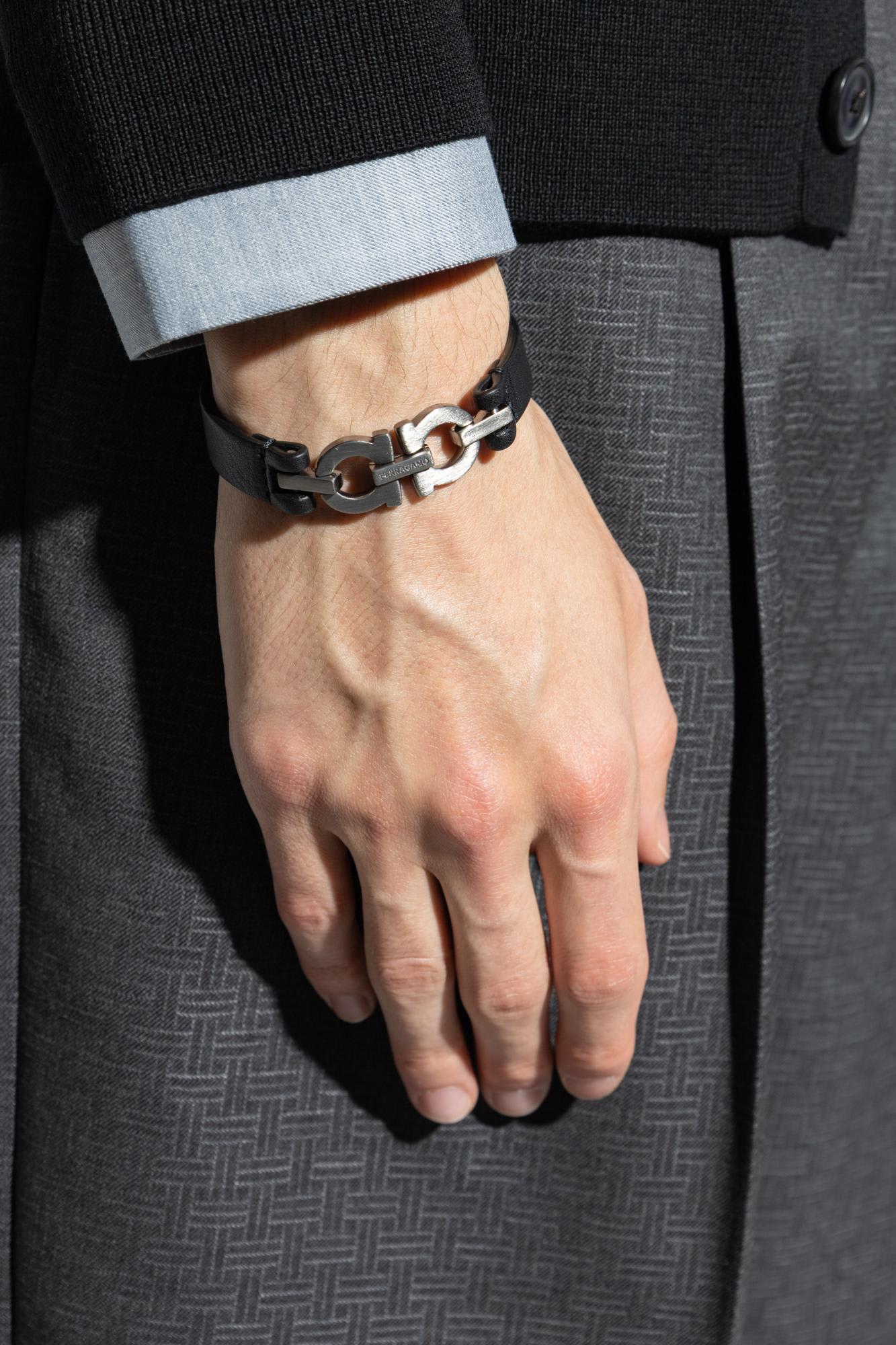 Ferragamo Double Gancini Leather Bracelet In Black