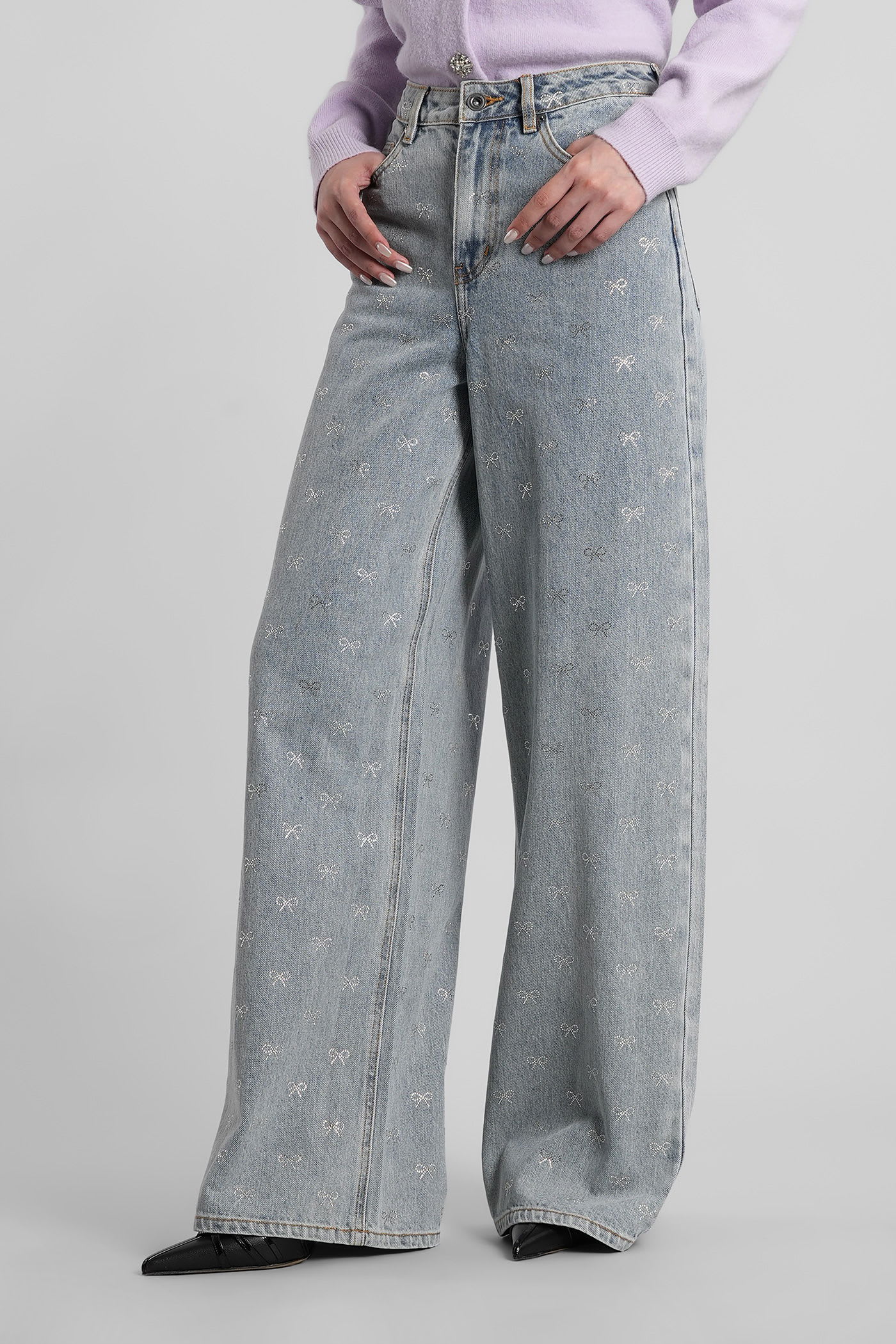 Self-portrait Light Blue Wide-leg Jeans With Crystal Embellishment And Classic Five-pocket Design In Gray