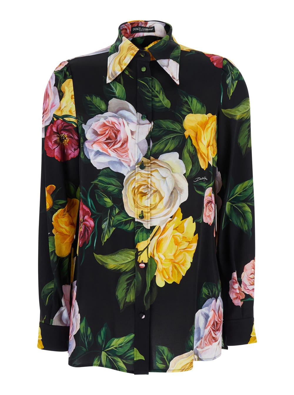 Dolce & Gabbana Multicolor Shirt With Oversize Pointed Collar And All-over Floral Motif In Silk Stretch Woman In Multicolor